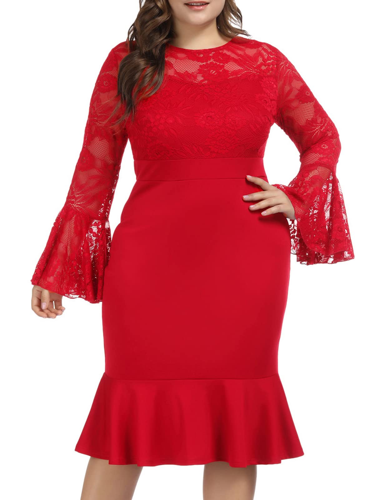 Hanna Nikole Women's Plus Size Lace Bell Sleeves Pencil Dress for Cocktail Party | Elegant Bodycon Fishtail Evening Gown for Wedding Guest, Date Night & Special Occasions
