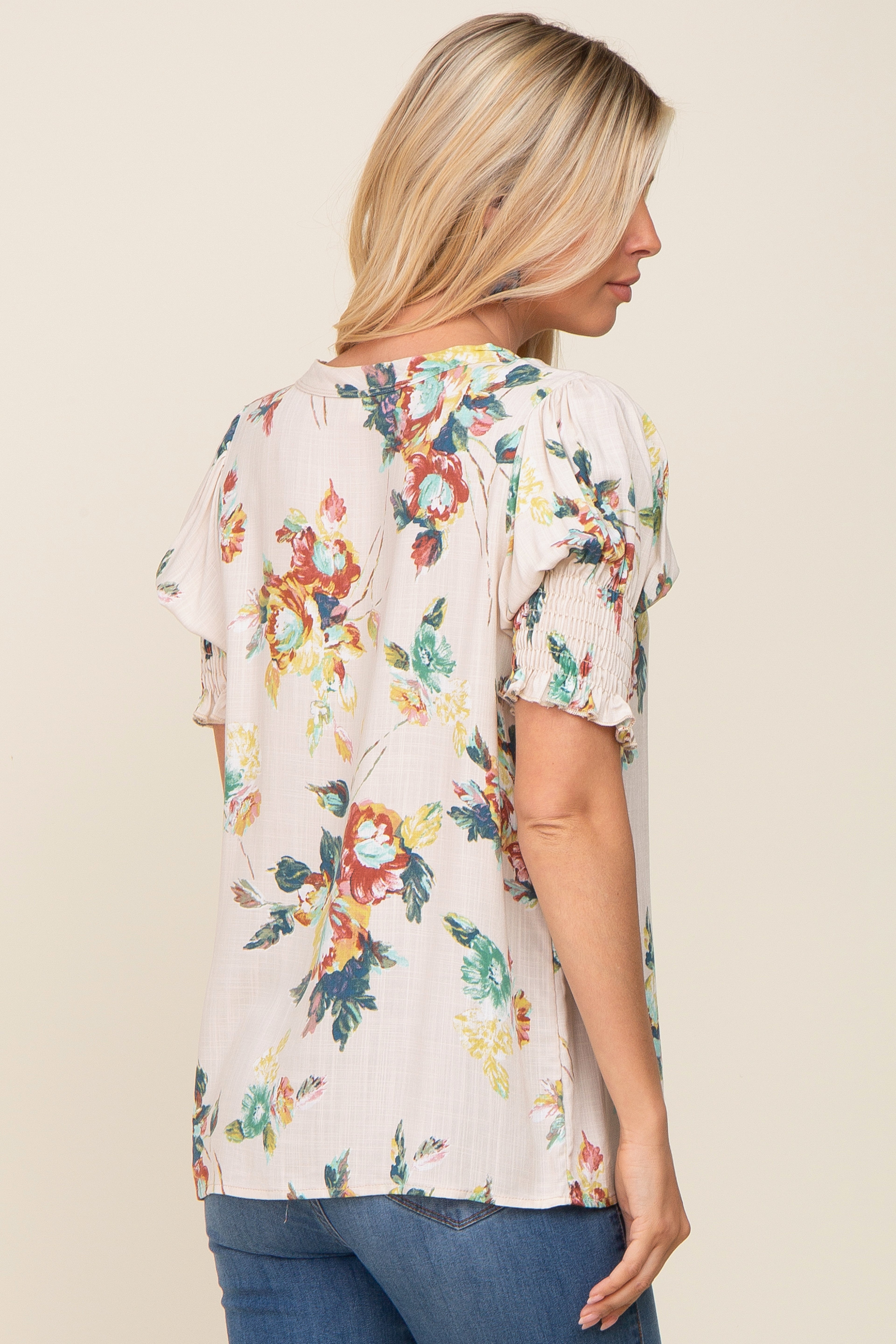Beige Floral Smocked Sleeve Blouse - Women's Elegant Ruffled Tunic Top for Spring & Summer | Perfect for Casual Outings, Date Nights & Office Wear