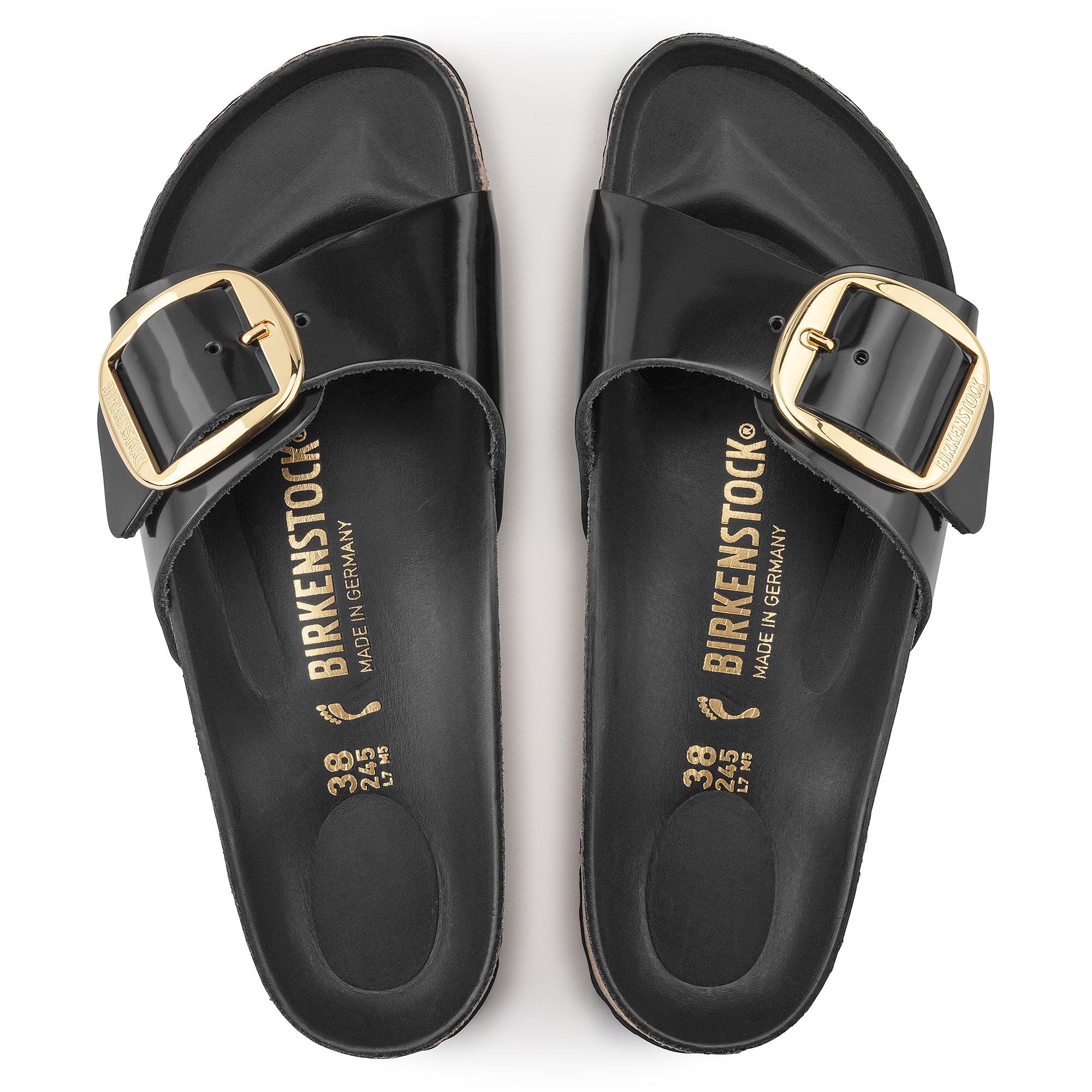 Birkenstock Madrid Big Buckle Sandals - Genuine Leather Patent High Shine Black - Comfortable Slide Sandals for Women | Perfect for Summer, Beach, and Casual Outings