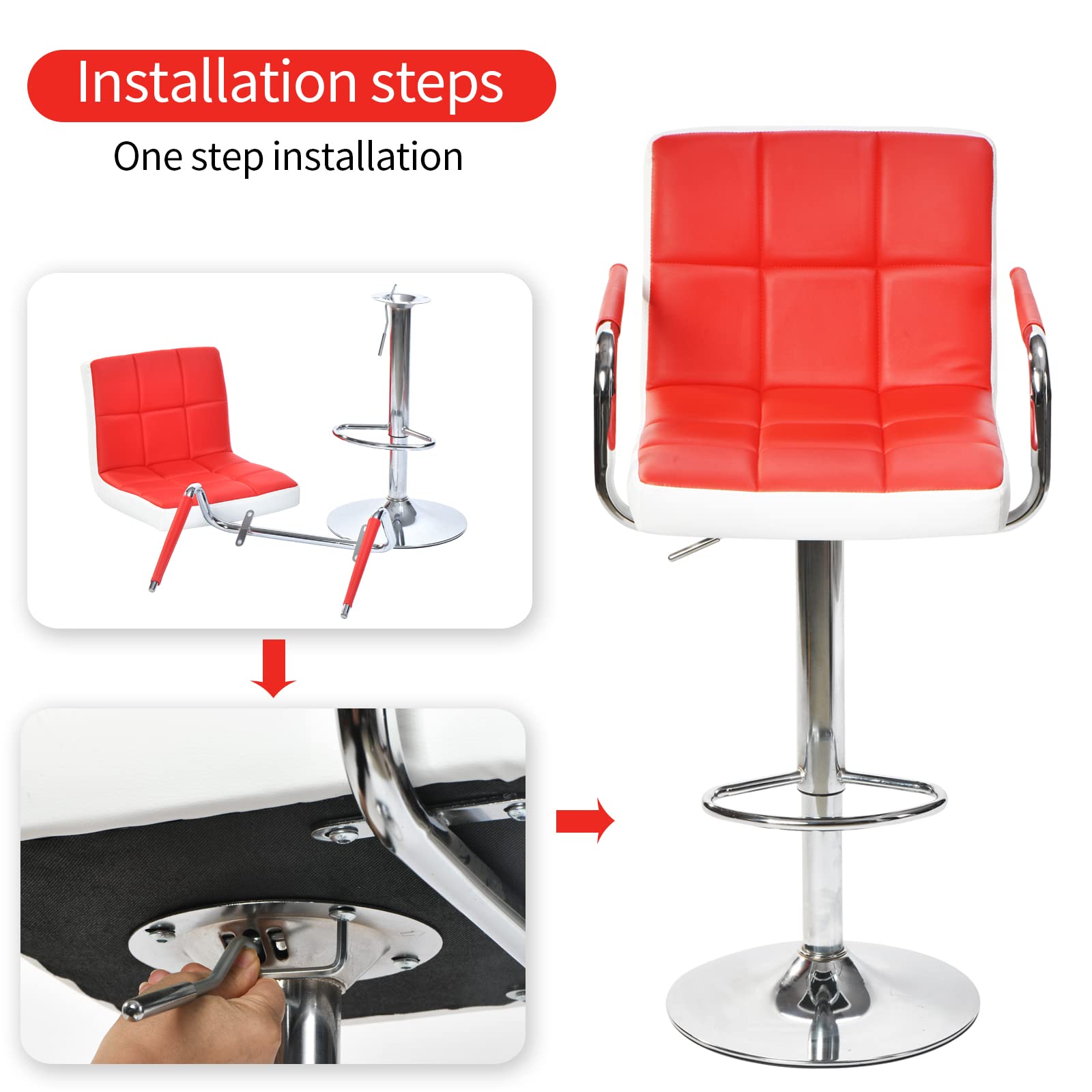 Swivel Bar Stools with Backrest & Armrests - Adjustable Height Red Bar Chairs for Home Bars, Kitchen Islands & Pub Counter Seating