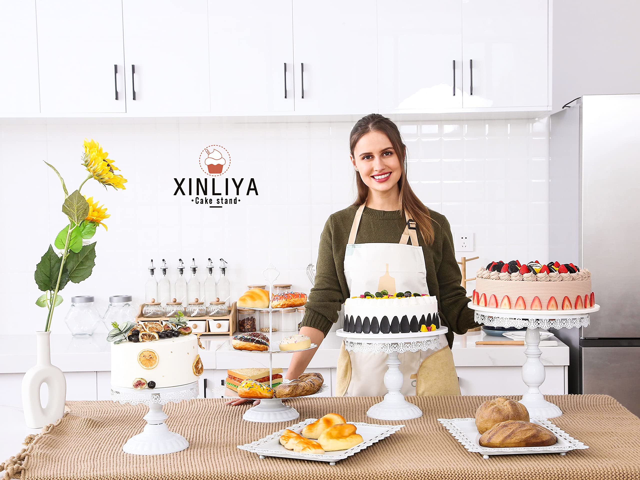 XINLIYA 6-Piece Metal Cake Stand Set - Round & Square Display Plates for Cupcakes, Fruits, Candy - Elegant Serving Tower for Weddings, Birthdays, Parties - Antique White Home Decoration (Perfect for Dessert Tables, Buffet Displays & Special Occasions)