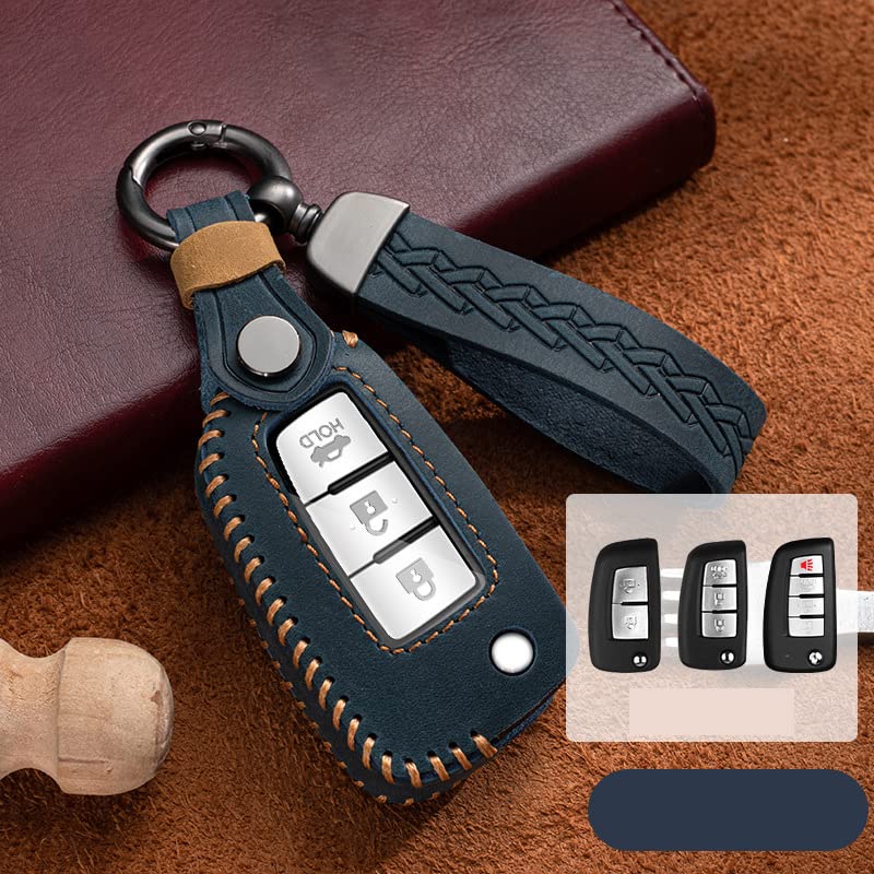 Premium Leather Key Fob Cover Case for Nissan Rogue Sport/Rogue S/Rogue Select (2018-2019) - Compatible with Sylphy, Pulsar, Frontier - Folding Flip Key Protector for 2/3/4 Button Keyless Entry - Durable Blue Keychain Holder (Perfect for Car Enthusiasts & Daily Protection)