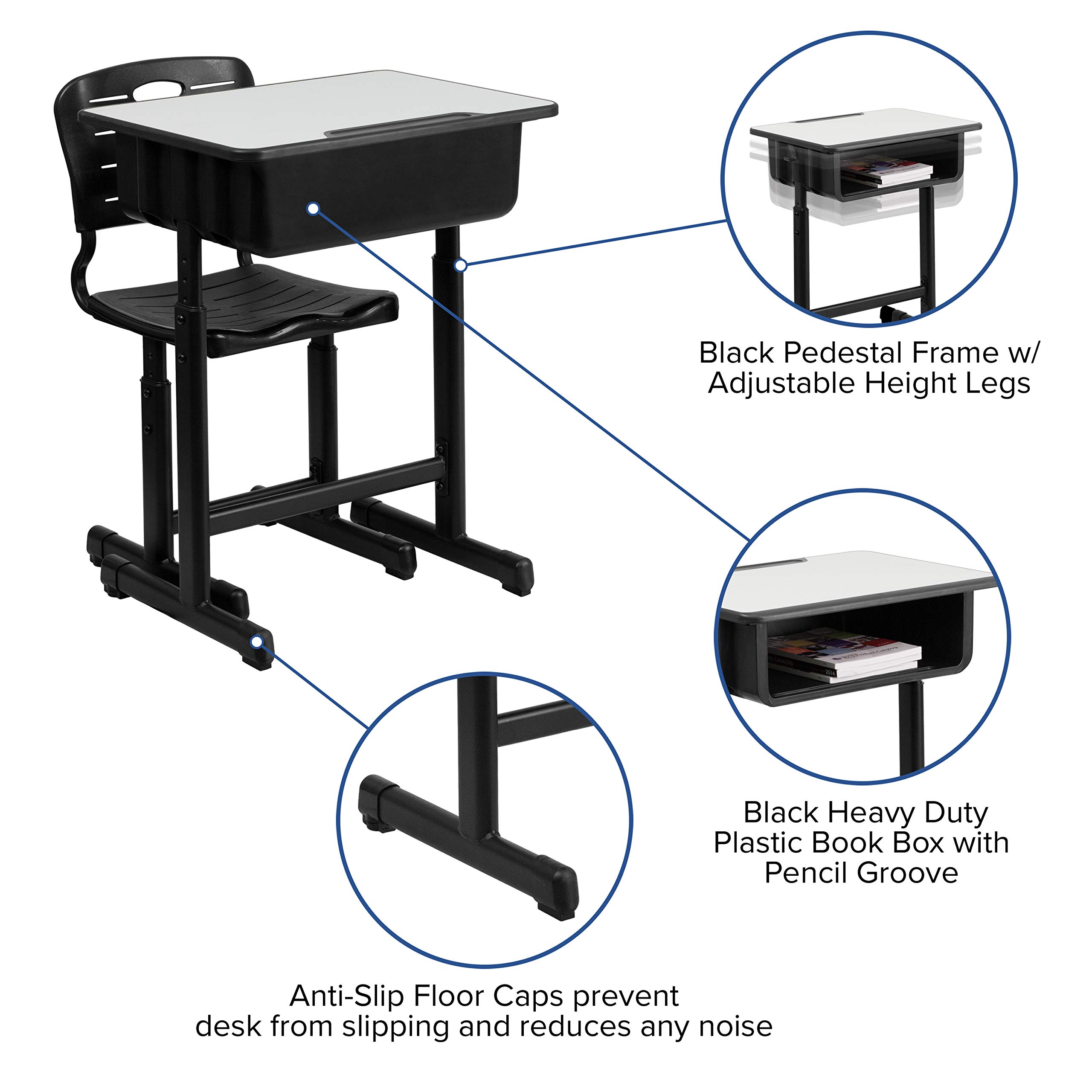 Adjustable Height Student Desk and Chair Set with Black Pedestal Frame - Ergonomic Study Table for Kids & Teens - Perfect for Home Schooling, Online Learning & Small Spaces