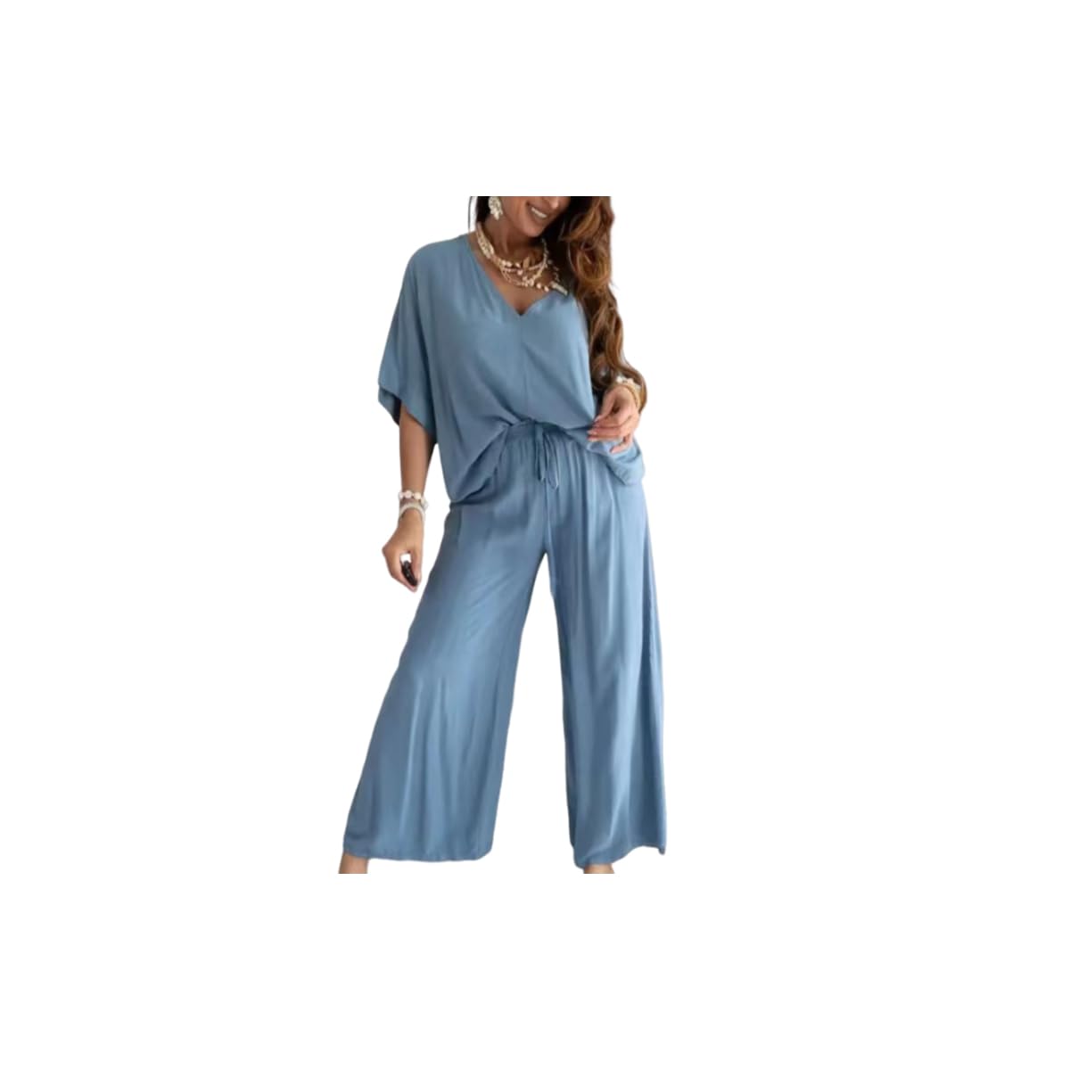 Women's Casual Loose Solid Color Two-Piece Lounge Set - V-Neck Top & Comfortable Pants for Relaxation, Home Wear & Travel Outfits
