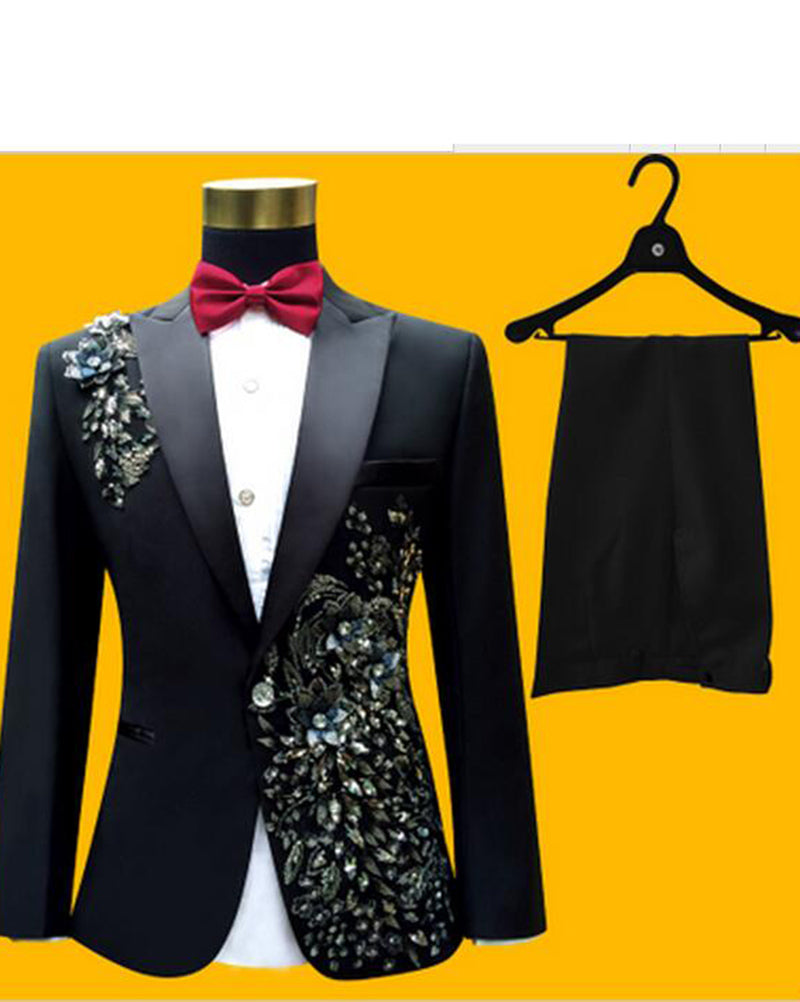 Elegant Black Embroidered Prom Dress & Stage Performance Suit for Men - Formal Evening Wear with Matching Pants | Perfect for Weddings, Concerts and Special Occasions