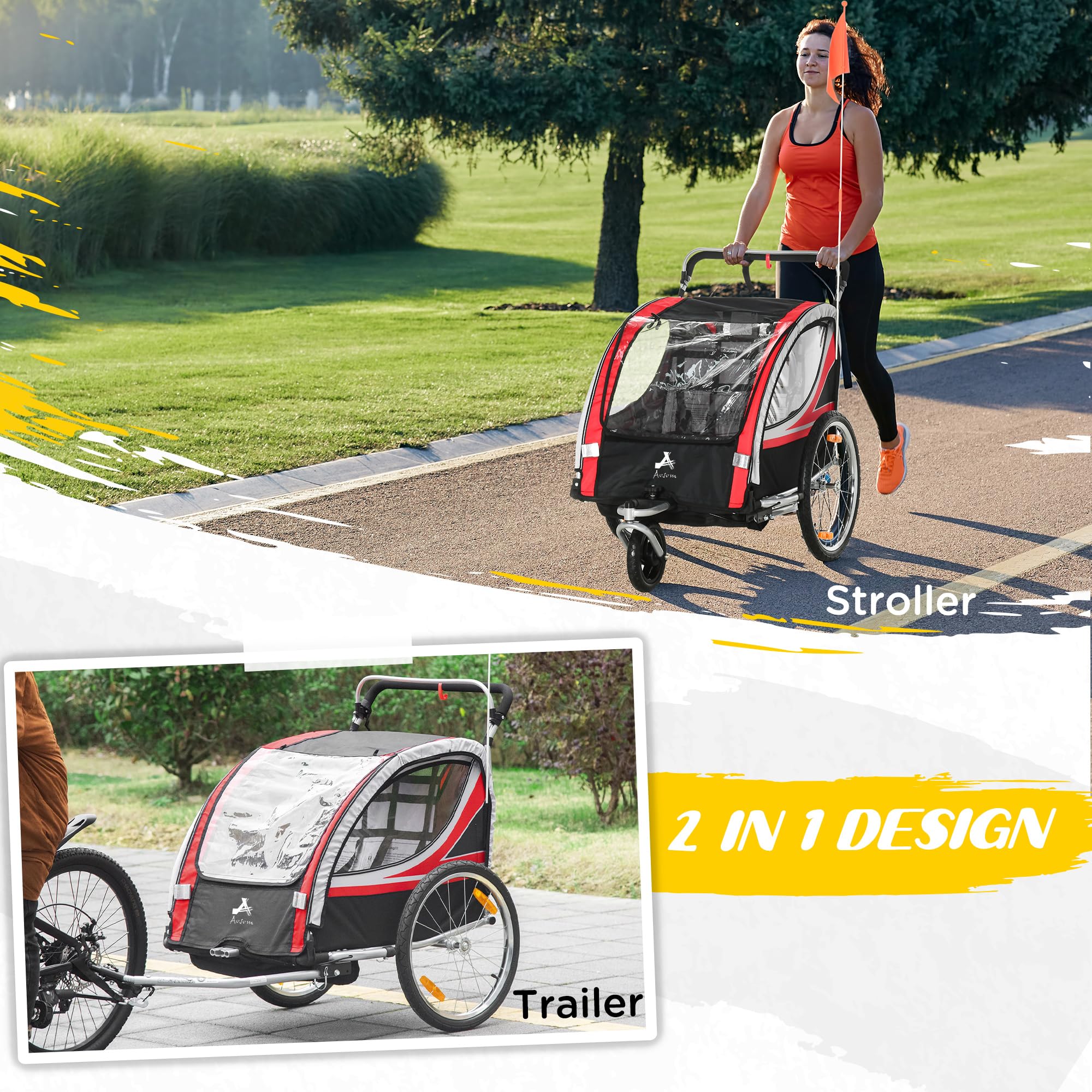 **Aosom 2-in-1 Double Baby Jogging Stroller & Bike Trailer for Kids & Toddlers – Handbrake, 5-Point Harness, Waterproof Cover, Storage Bag, Safety Flag & Reflectors – Perfect for Outdoor Adventures, Running & Biking**