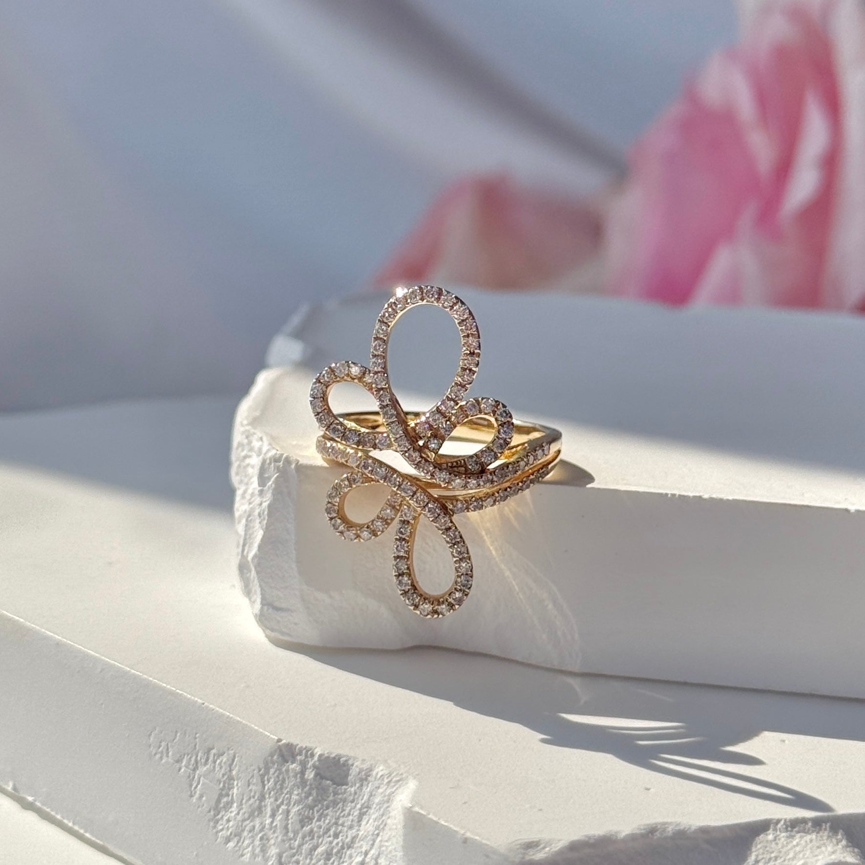 Abstract Diamond Flower Cocktail Ring in 14K Solid Yellow Gold - Elegant Statement Jewelry for Parties, Weddings & Special Occasions
