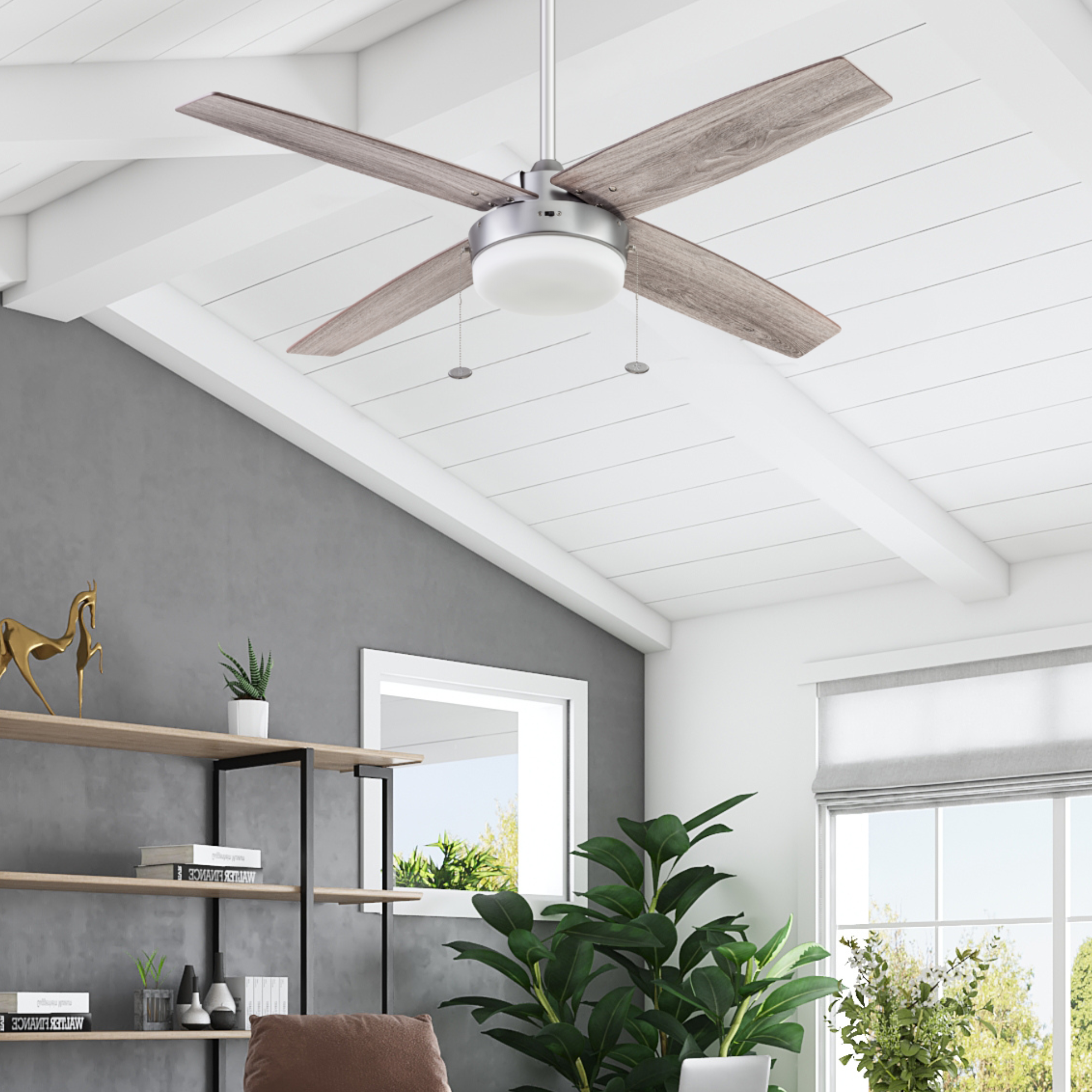 52 Inch Memphis Silver Ceiling Fan with Pull Chain - Modern Indoor Cooling Fan for Living Room, Bedroom, and Office