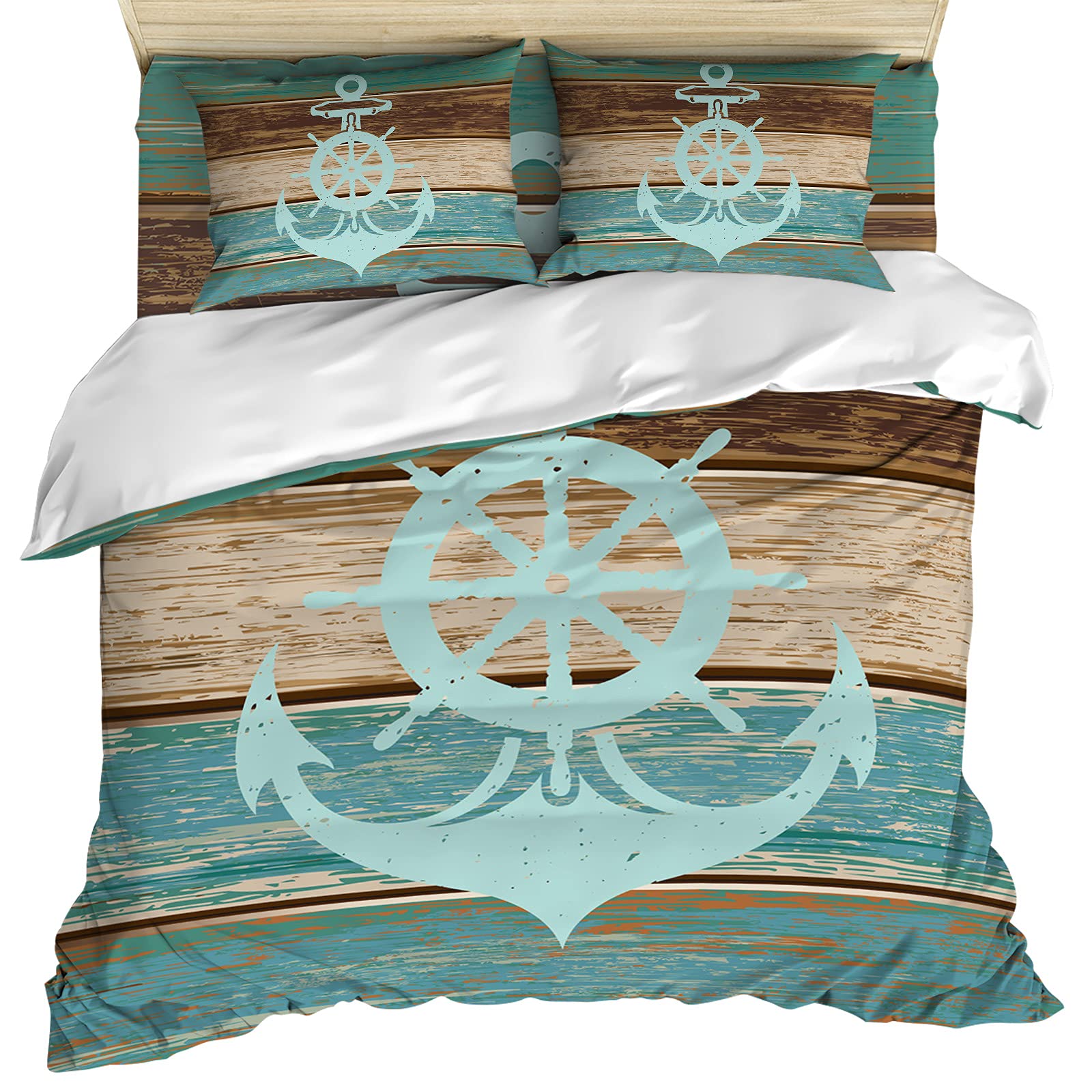 Seven Roses 4-Piece Bedding Set - Teal Retro Wood Board Ocean Anchor Quilt Cover, Extra Soft Sheets & Pillowcases, Twin Size | Vintage Rustic Stripes for Coastal & Farmhouse Bedroom Decor