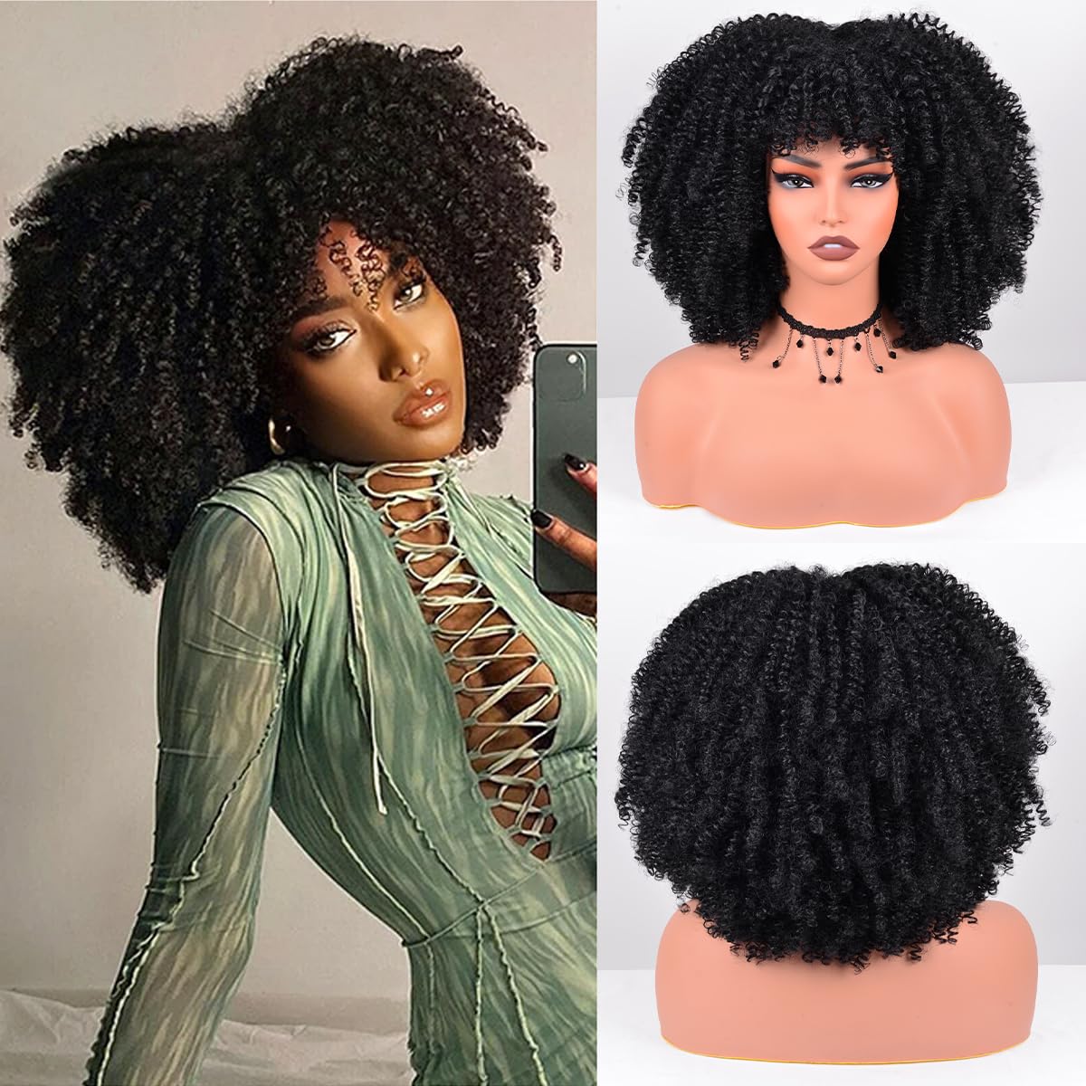 12 Inch Afro Curly Wig with Bangs - Heat Resistant Synthetic Kinky Curly Wig for Women (280g) - Perfect for Daily Wear & Party Hairstyles - Black Short Afro Wig for Natural Look & Special Occasions