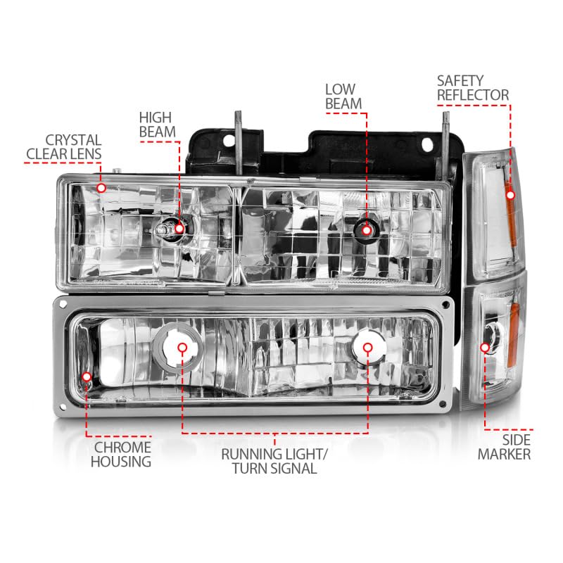 Anzo USA Crystal Clear Headlights for 88-98 Chevy C1500 - Chrome Housing with Integrated Turn Signal & Side Marker Lights (111506) - Perfect for Truck Restoration & Night Driving Safety