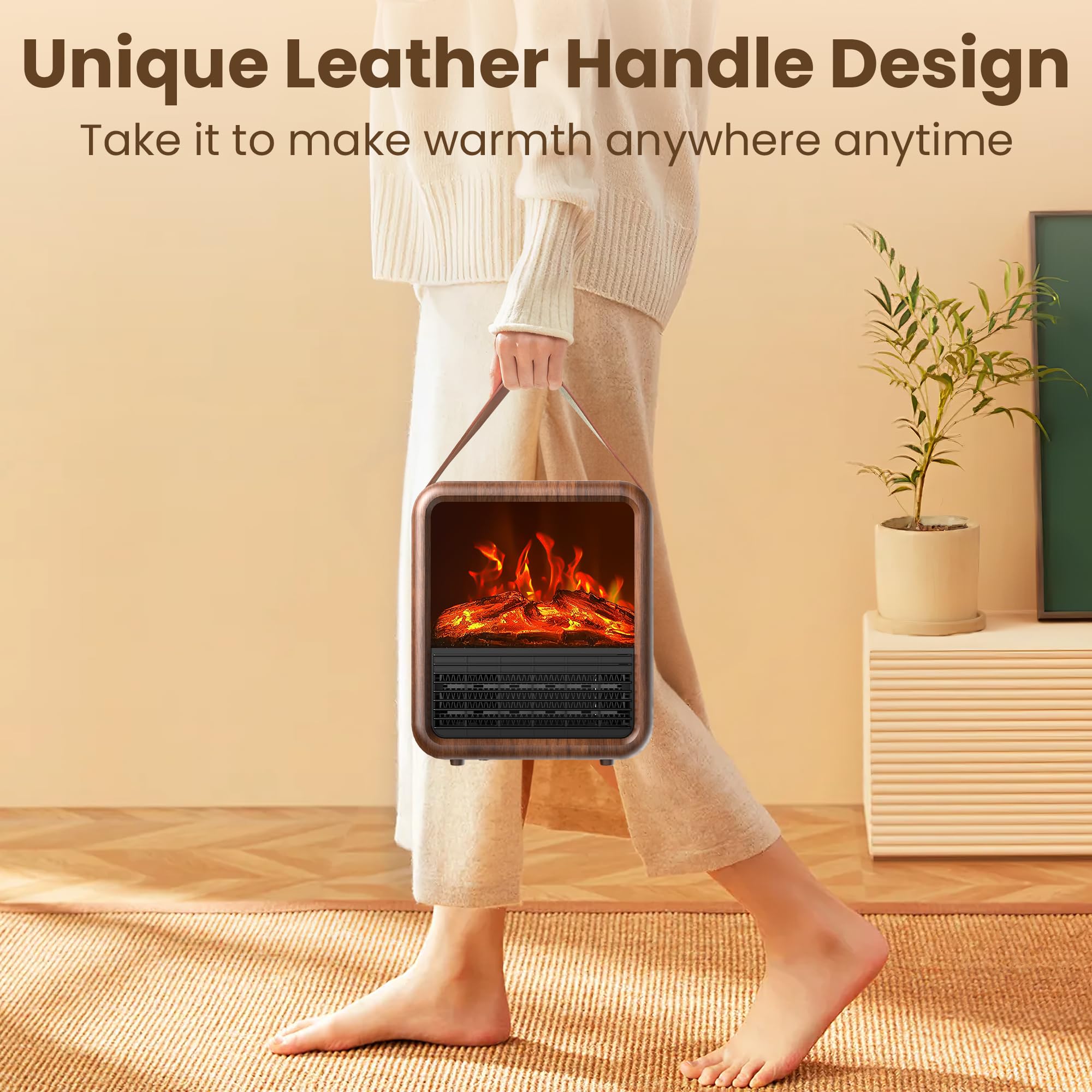 Portable Space Heater with 3D Flame Effect - 1500W/750W PTC Ceramic Heater, Thermostat & Tip-Over Protection - Mini Electric Fireplace for Bedroom, Office & Indoor Use - Walnut Finish