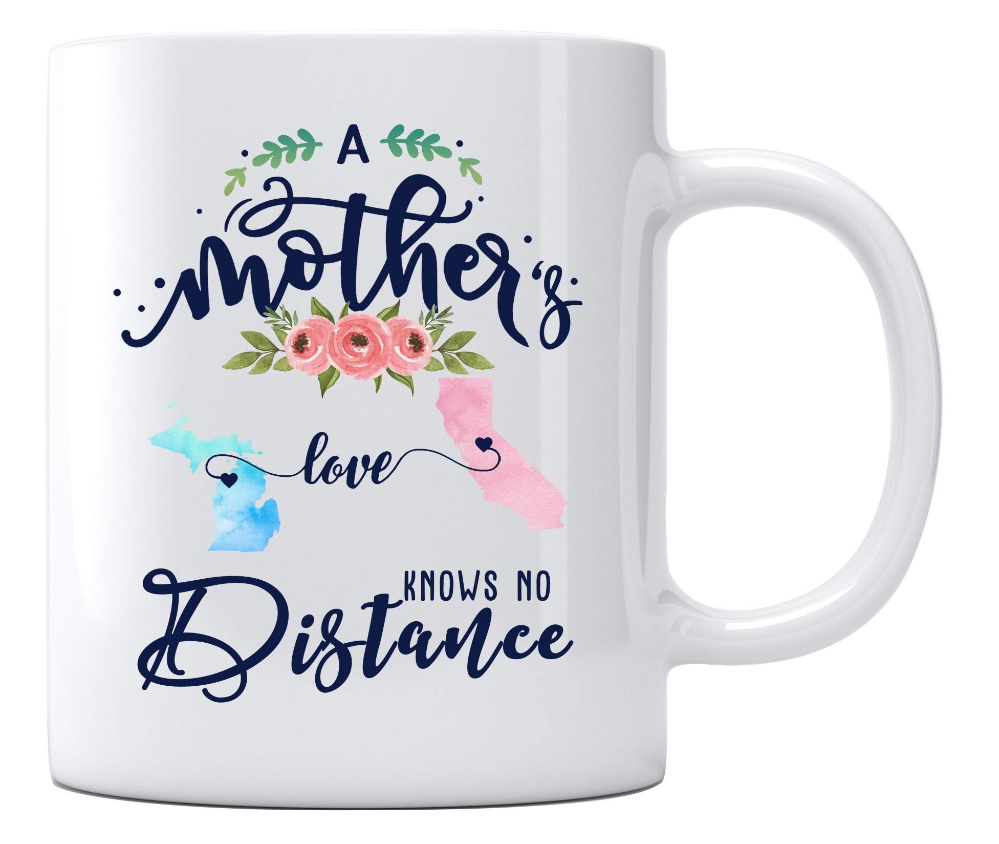 Long Distance Love Coffee Mug for Mom - 11oz White Ceramic Cup - Perfect Mother's Day Gift from Daughter or Son - Michigan to California State Design - Ideal for Coffee, Tea & Hot Drinks at Home or Office
