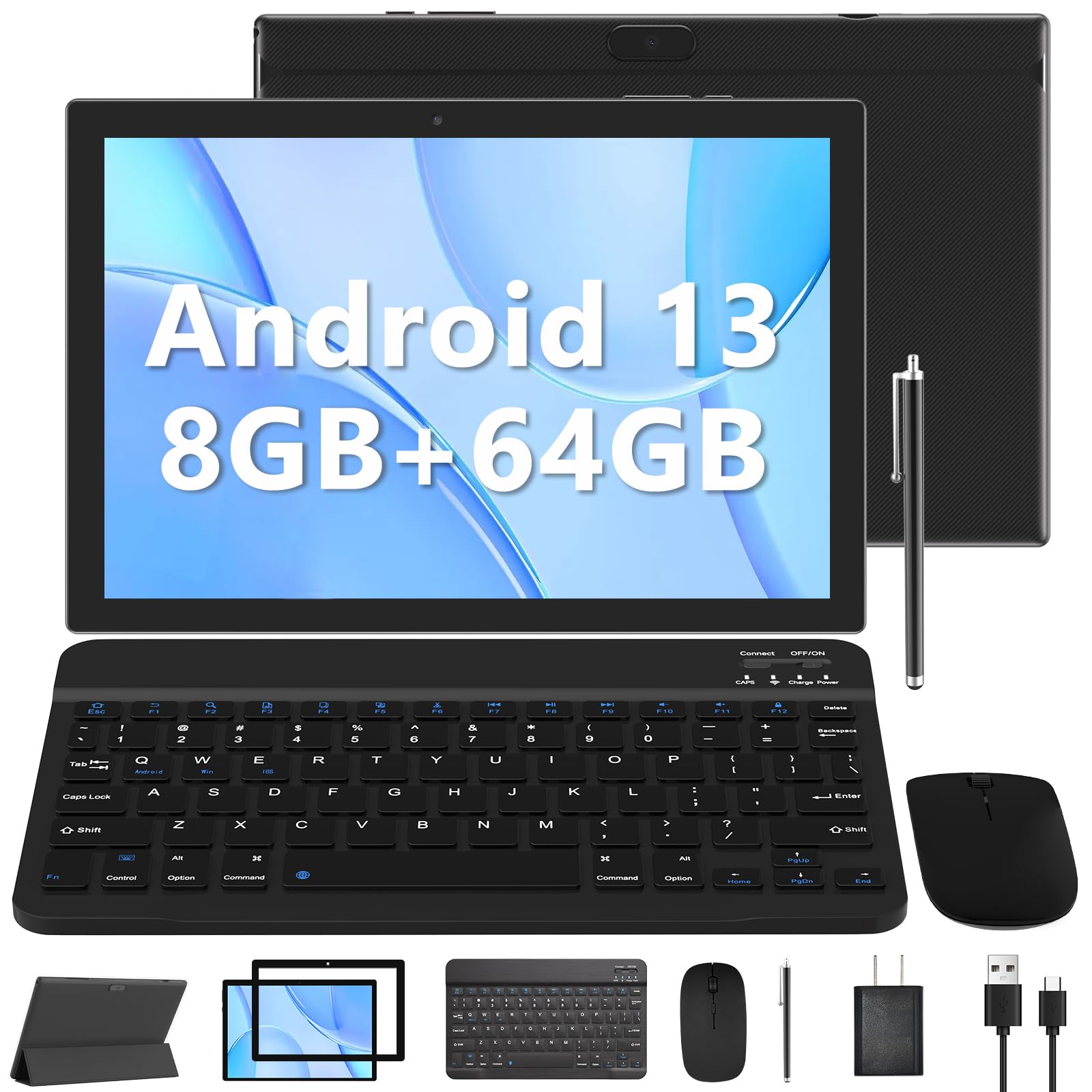 2024 Upgraded 10 Inch Android 13.0 Tablet - 2-in-1 Laptop with 8GB RAM, 64GB ROM (Expandable to 512GB), 2.0GHz Quad-Core Processor, HD Screen & 8MP Camera - Includes Keyboard, Case & Mouse - Perfect for Work, Study & Entertainment