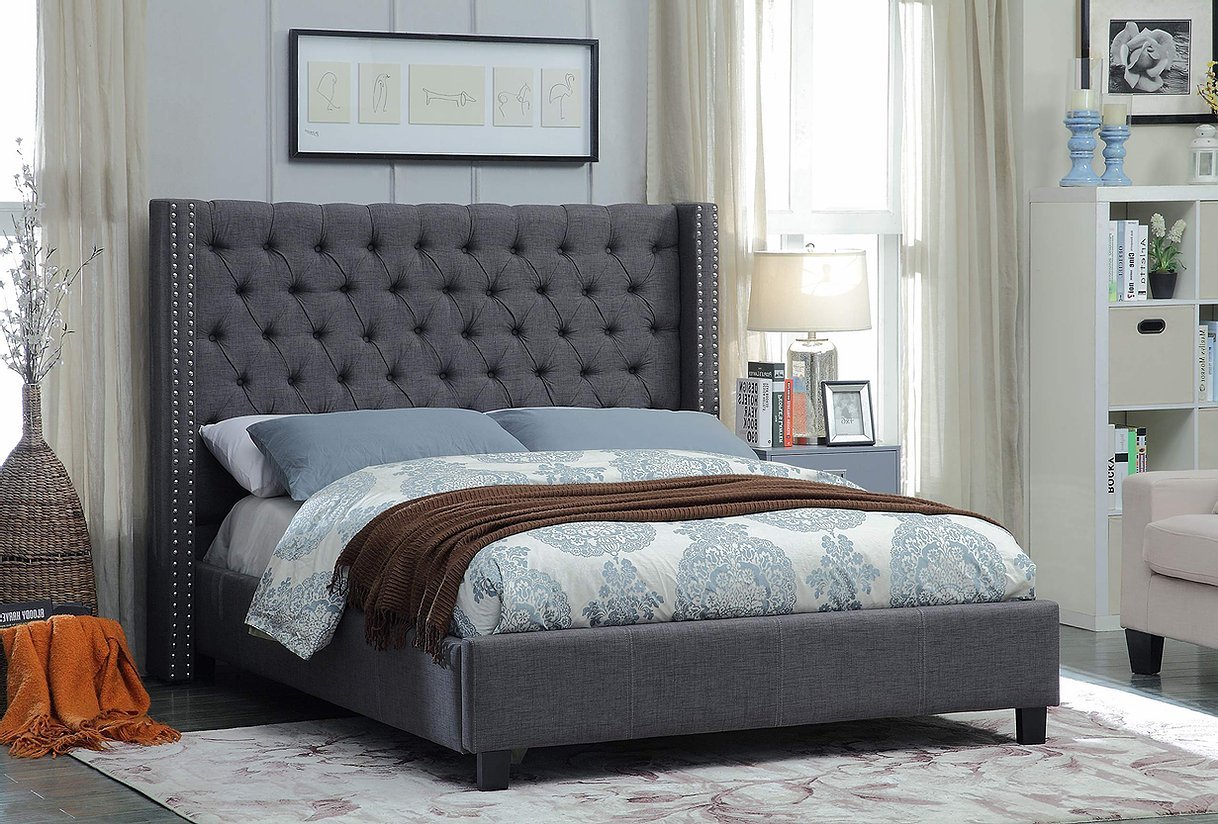 Luxury Grey Velvet Wingback Bed with Deep Button Tufting & Nailhead Trim - Elegant Upholstered Headboard for Master Bedroom & Guest Room Decor