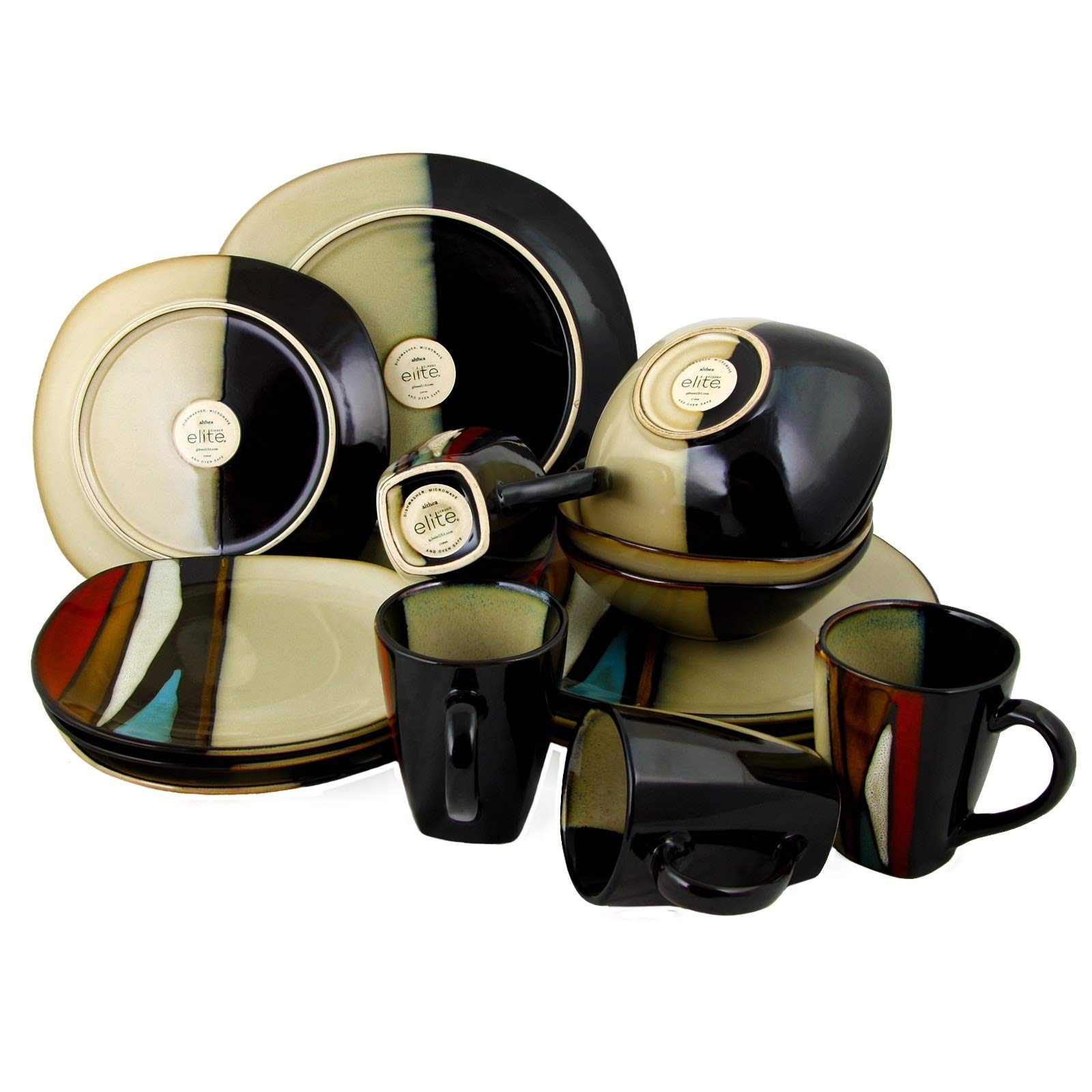 16-Piece Stoneware Dinnerware Set - Brown Stripe Square Plates & Bowls - Microwave & Dishwasher Safe - Casual Dining, Kitchen Essentials for Everyday Use & Entertaining