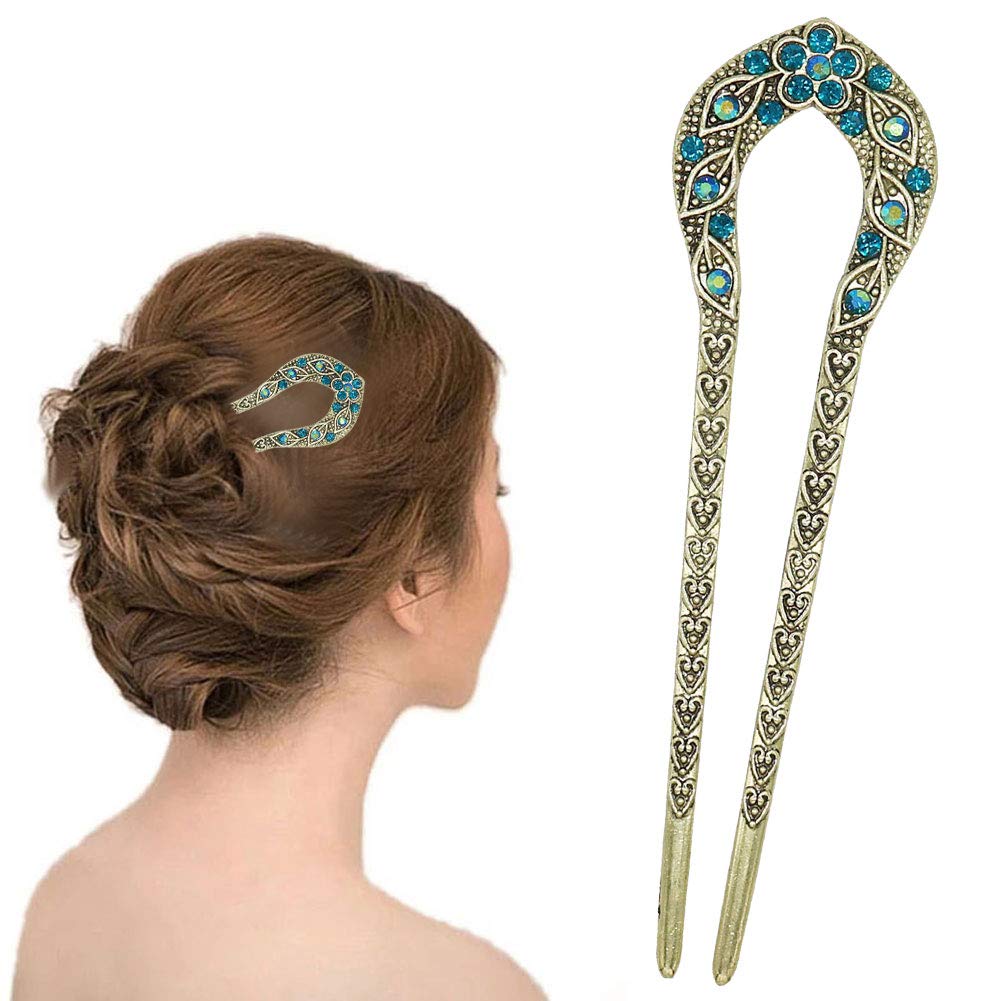 2 Pcs Vintage Crystal Rhinestone Hair Sticks - Double Prong Hair Pins for Chignon, Updo & Bun Hairstyles - Perfect for Weddings, Parties & Special Occasions