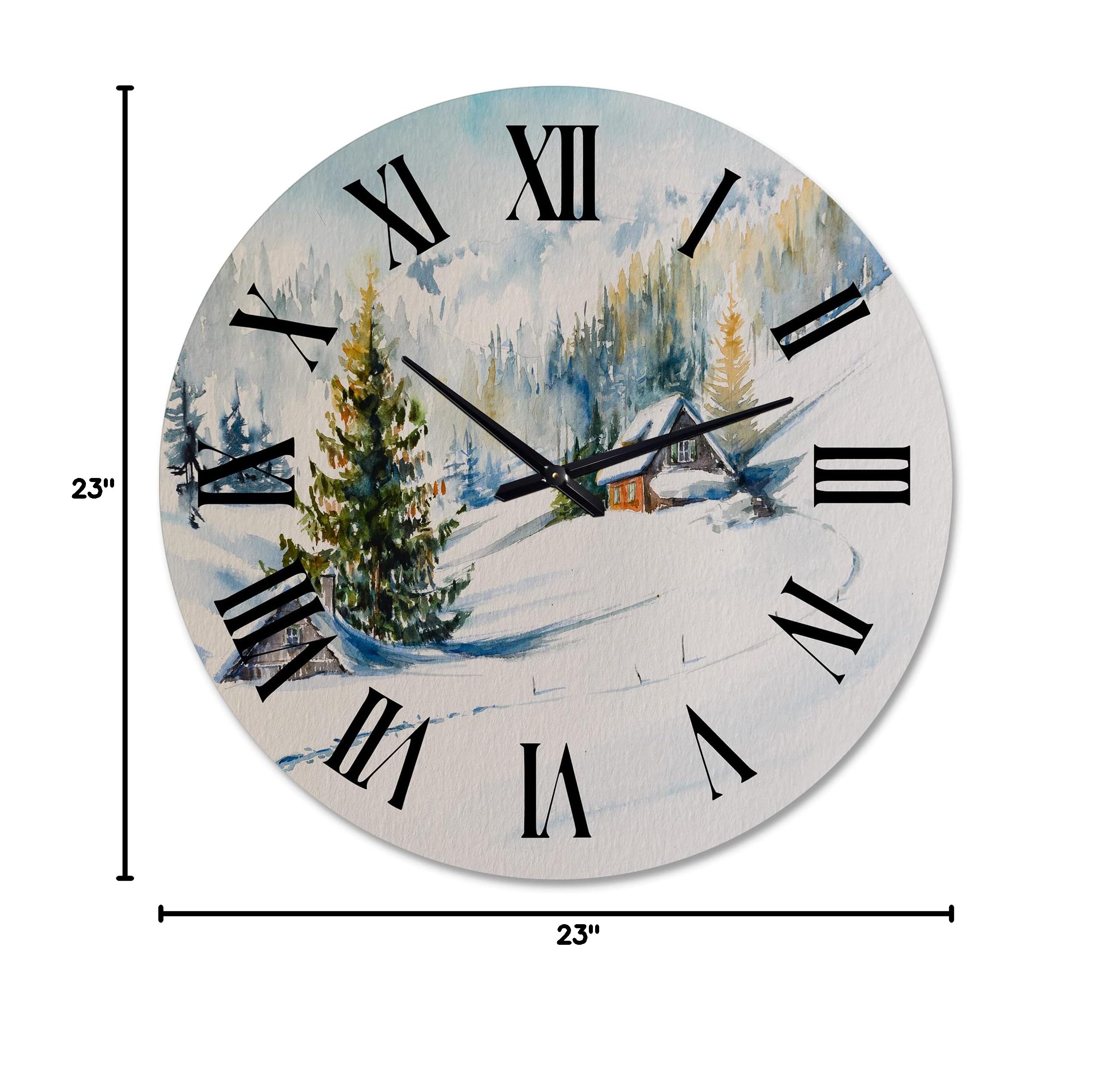 Large Traditional Wall Clock - 'Little House in The Winter Mountains' Landscape Nature Decor for Bedroom, Living Room & Office | Silent Non-Ticking Clock for Home & Office Decor