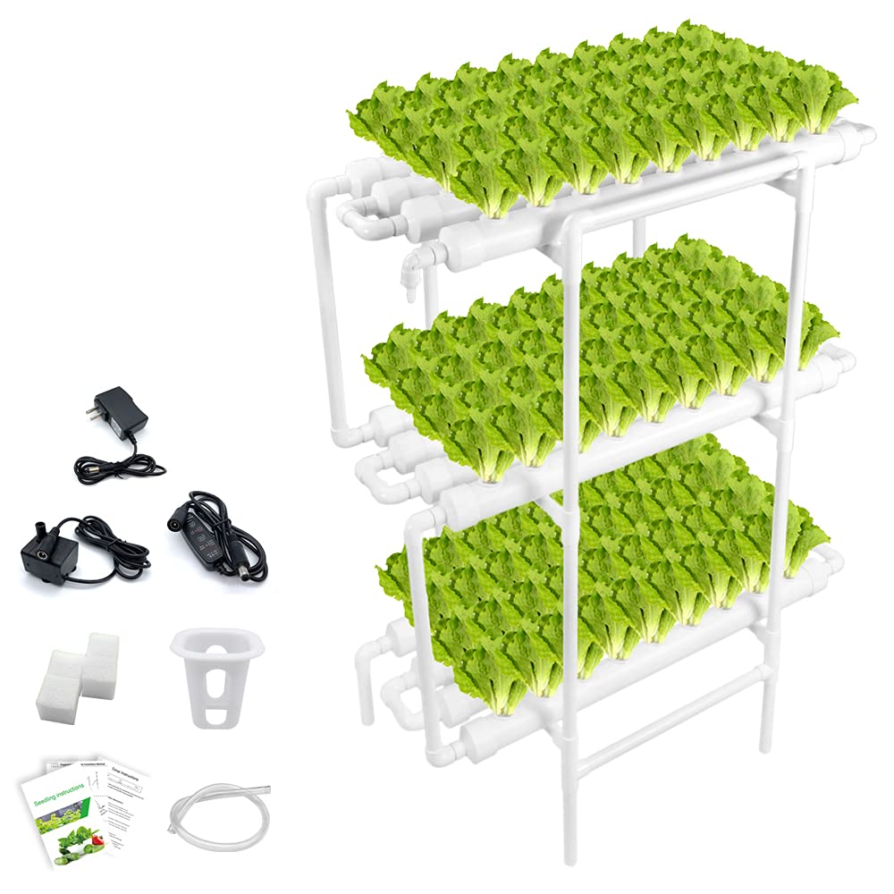 **Hydroponic Growing System NFT with Timer Control - 108 Planting Holes PVC Pipe, Square Net Pot & Sponge for Indoor Gardening - Grow Fresh Salad, Vegetables & Herbs Easily at Home**