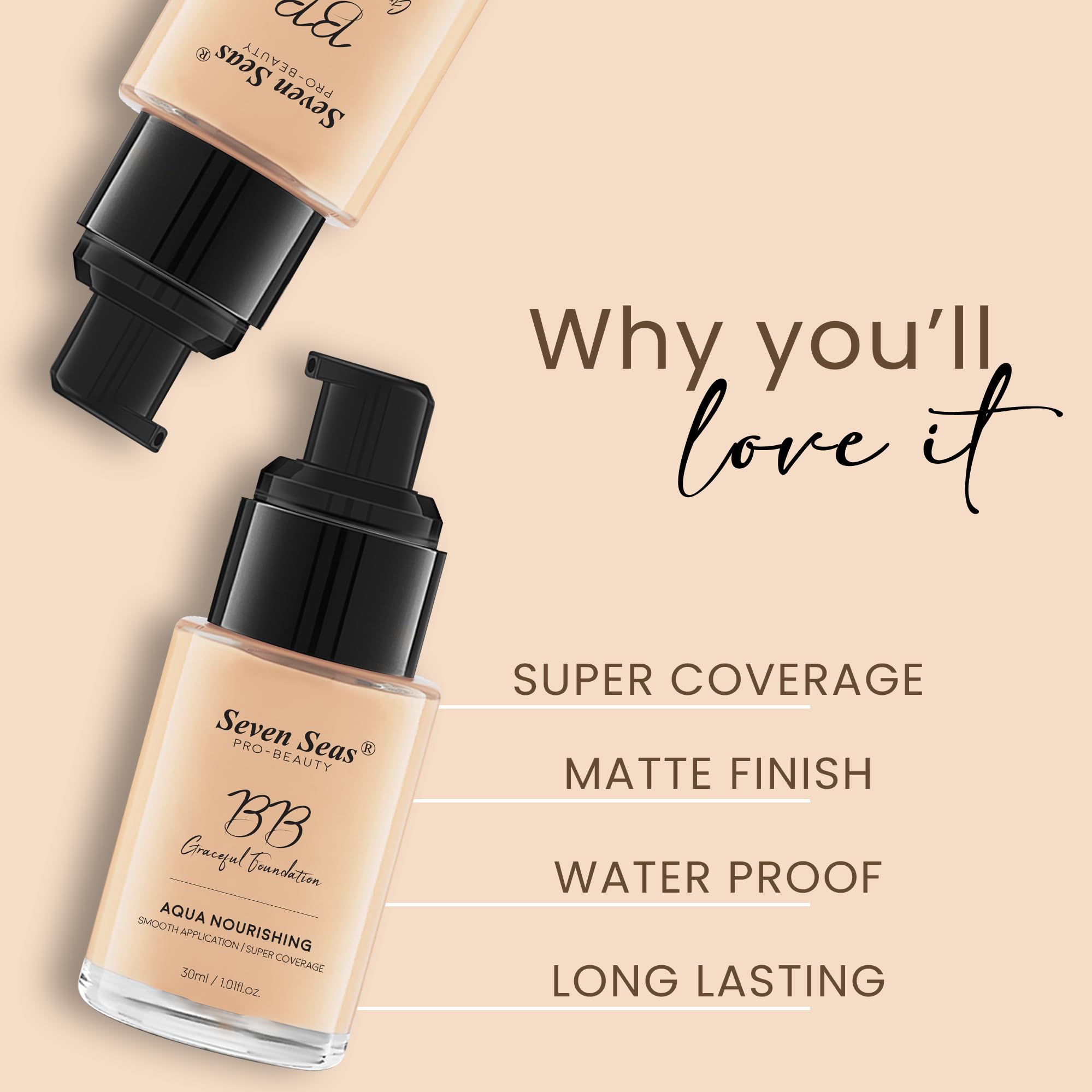 Seven Seas BB Gracefull Foundation - Aqua Nourishing Liquid Makeup with Smooth Application & Full Coverage | Hydrating Face Foundation for Women (Nude, 30ML) | Perfect for Daily Wear, Special Occasions & Photo Shoots