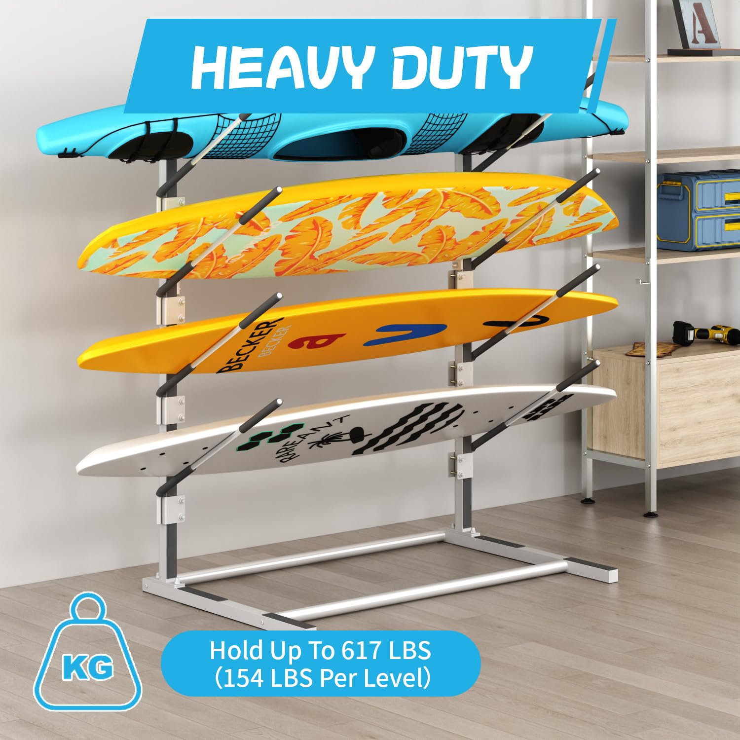 Adjustable Kayak and Paddle Board Storage Rack - Freestanding Surfboard Holder for Indoor & Outdoor Use - Perfect for Garage, Shed, Dock, and Backyard Organization