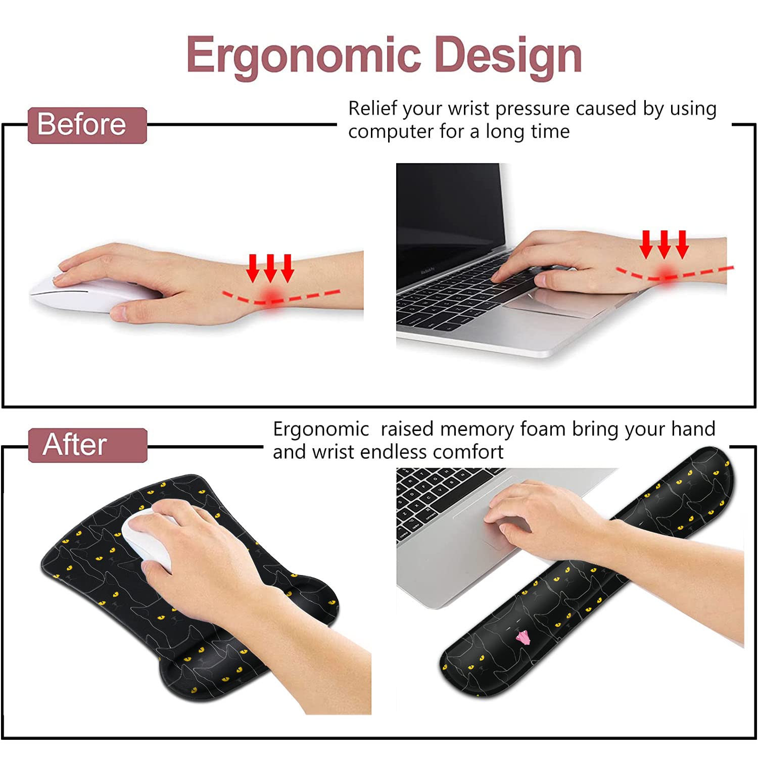 Ergonomic Black Mouse Pad with Wrist Guard & Keyboard Rest - Cute Cat Pattern Gel Mousepad for Computer, Laptop, Home Office & Gaming - Relieves Wrist Fatigue & Enhances Comfort During Long Work Sessions