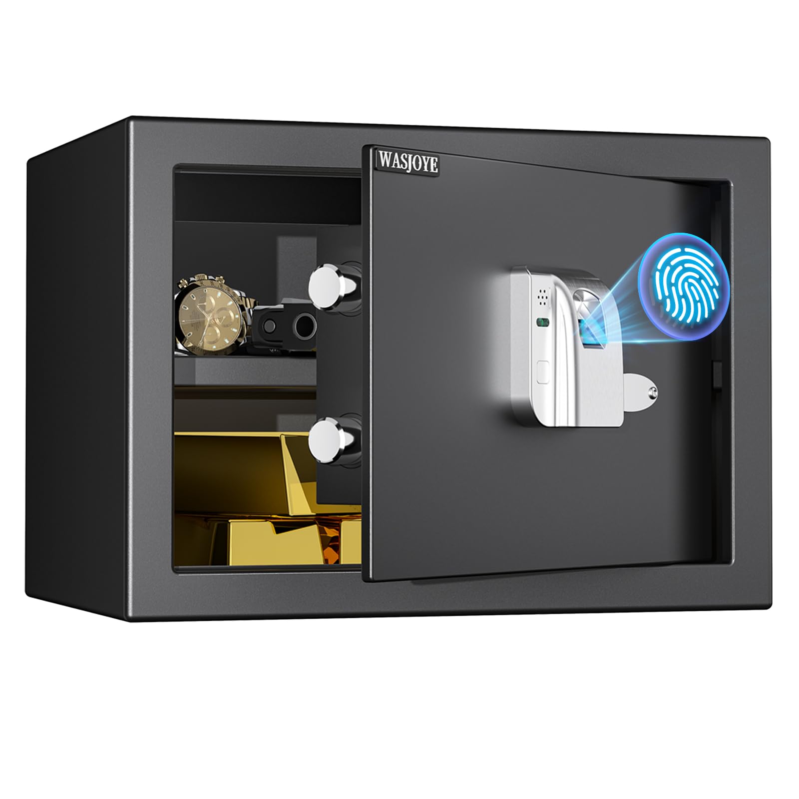 WASJOYE 1.5 Cu Ft Biometric Fingerprint Safe Box - Fireproof Security Safe with Key Lock for Home, Office & Hotel | Store Jewelry, Documents, Passports, Valuables & Guns Safely | Ideal for Home Security, Business Use & Travel Protection