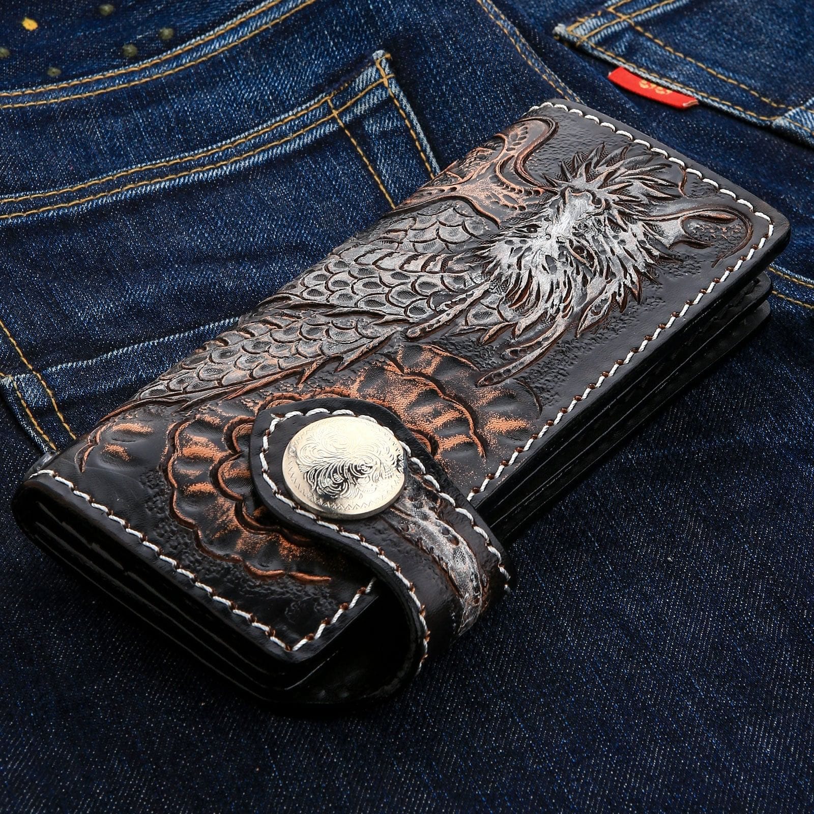 Premium Genuine Leather Biker Wallet for Men - RFID Blocking - Dragon Rider Design - Perfect for Motorcycle Enthusiasts & Gift Giving