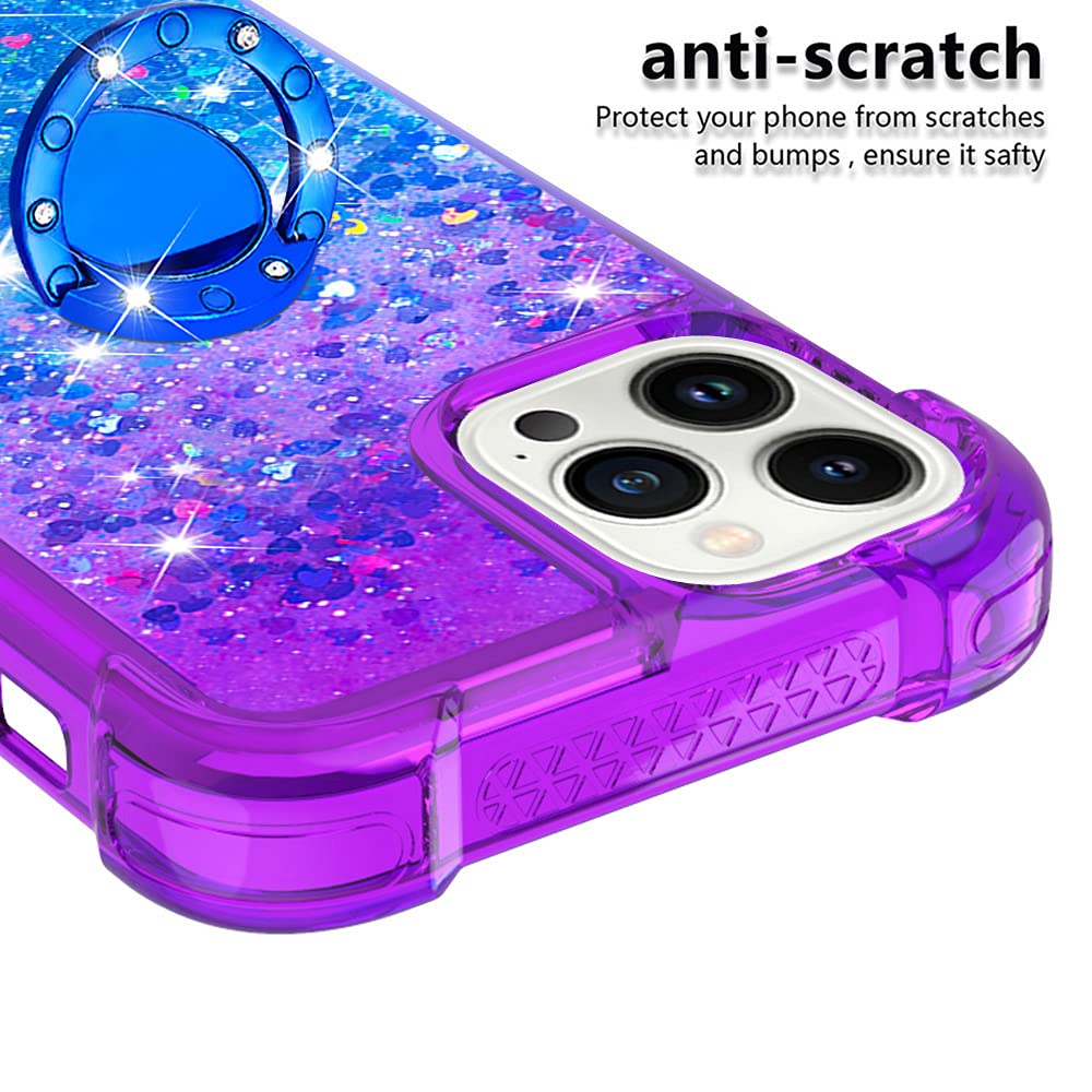 Premium iPhone 13 Pro Max Case - Gradient Quicksand Glitter Bling Liquid Floating Ring with Kickstand | Shockproof TPU Bumper & Reinforced Corners | Stylish Purple-Blue Protective Cover for Women | Perfect for Work, Travel & Everyday Use