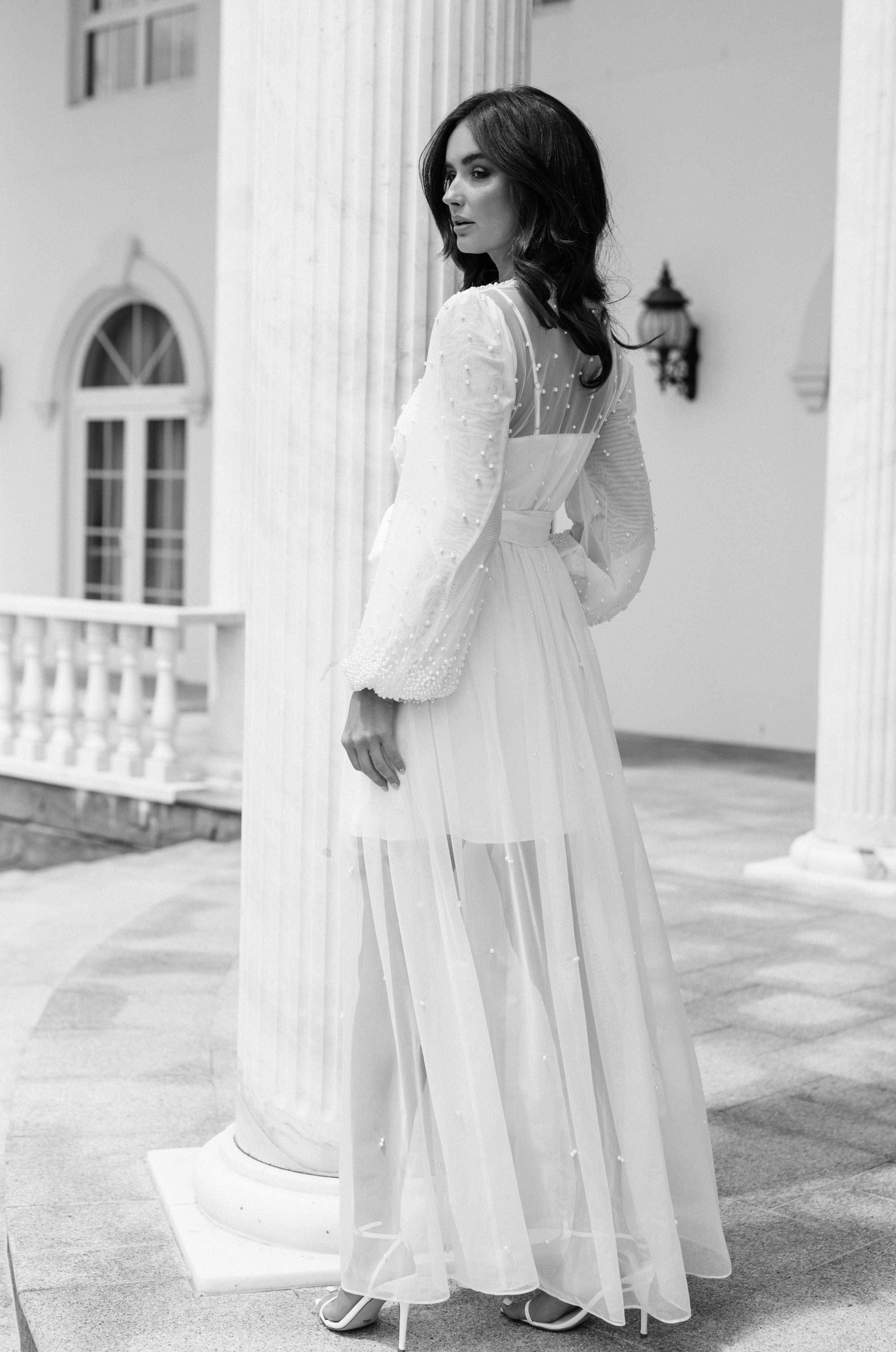 Millie Hand-Beaded Pearl Mesh Maxi Dress with Slip - Elegant Evening Gown for Weddings, Parties & Special Occasions