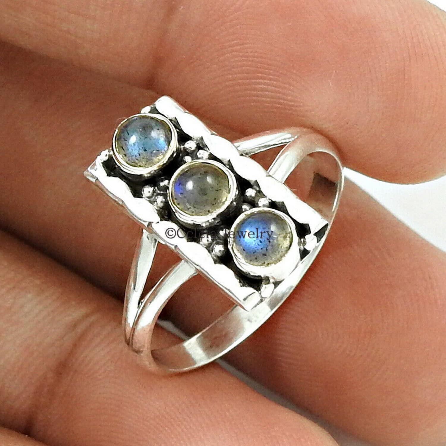 Natural Labradorite Multi Gemstone Ring - 925 Sterling Silver Stackable Ring for Women | Metaphysical Healing Jewelry, Delicate & Organic Design | Perfect Gift for Birthdays, Anniversaries & Spiritual Healing