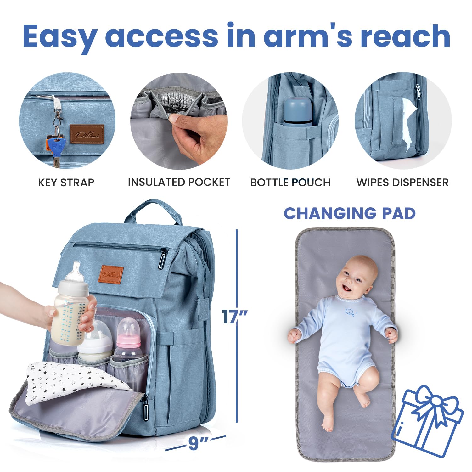 **PILLANI Baby Diaper Backpack - Large Travel Diaper Bag for Boys & Girls with Changing Pad - Perfect for Baby Registry, Baby Shower Gifts & Newborn Essentials - Ideal for Daycare, Travel & On-the-Go Parents**