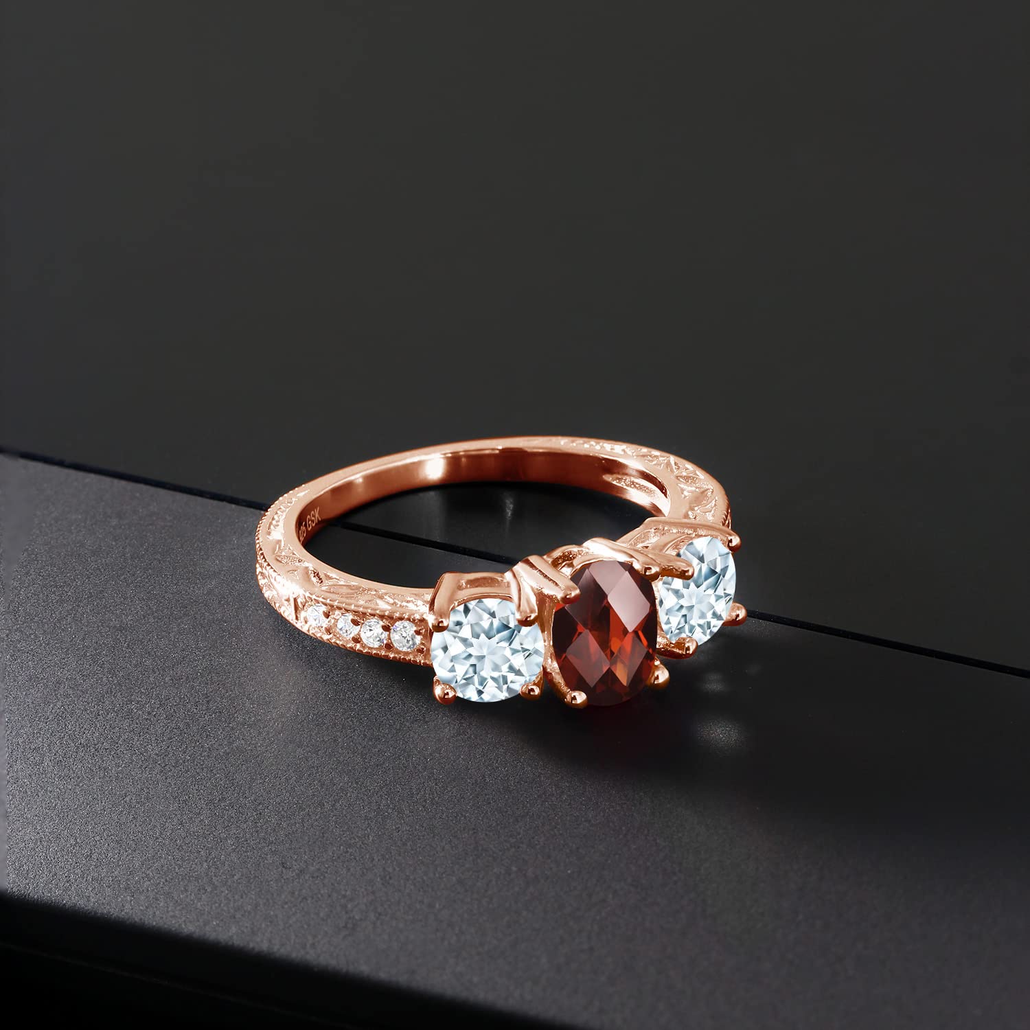 2.12 Ct Oval Red Garnet & Sky Blue Aquamarine Moissanite Ring in 18K Rose Gold Plated Silver - Elegant Gemstone Jewelry for Weddings, Anniversaries & Special Occasions