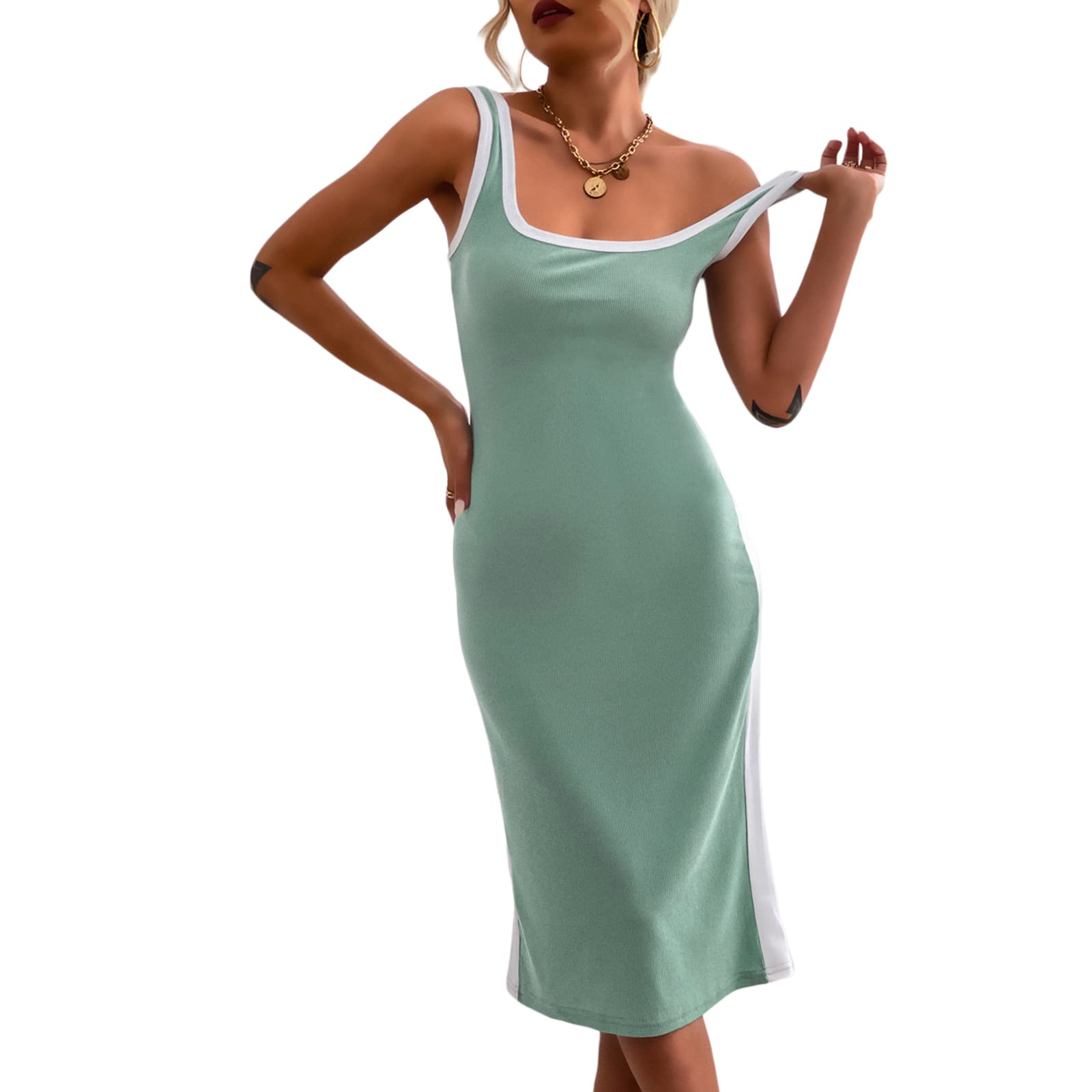 Sasaerucure Women's Sleeveless Ribbed Knit Bodycon Dress - U Neck Slim Fit Midi Dress, Solid Color Tank Dress for Casual Wear, Date Night & Office Outfits