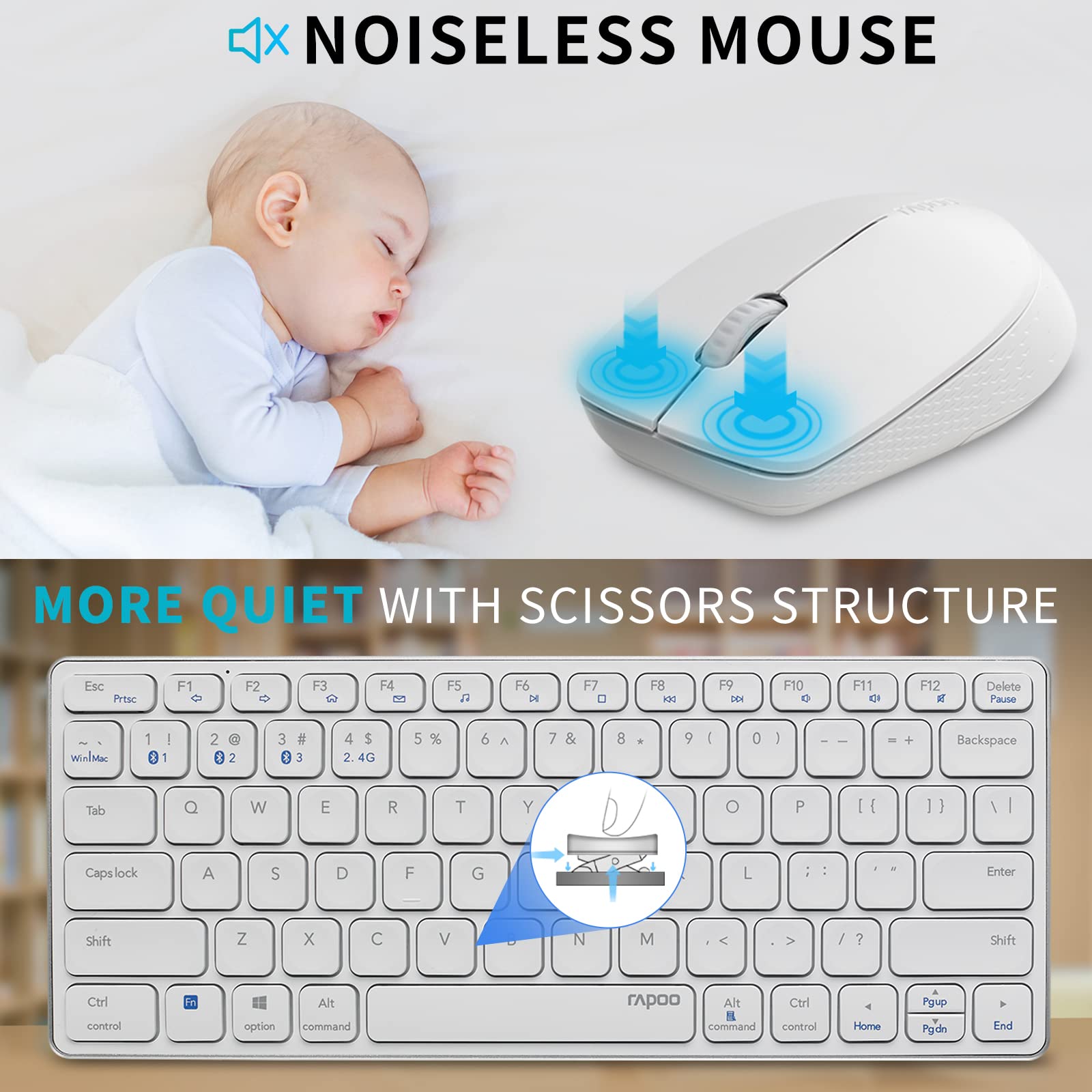 RAPOO Wireless Keyboard and Mouse Combo - Bluetooth Keyboard and Mouse Set, Compact Design with 1300 DPI for PC, Laptop, Desktop - Compatible with Windows XP/7/8/10 - Perfect for Office, Home, and Gaming Use