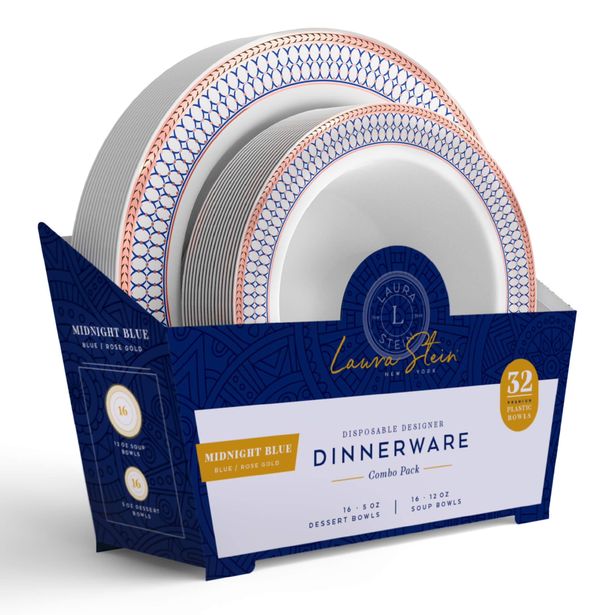 Laura Stein Elegant Disposable Dinnerware Set - 32-Piece Plastic Party Bowls for Weddings & Events - 16 White Soup Bowls (12 oz) & 16 Dessert Bowls (5 oz) with Blue Rim & Rose Gold Accents - Perfect for Wedding Receptions, Bridal Showers, Birthday Parties & Formal Gatherings
