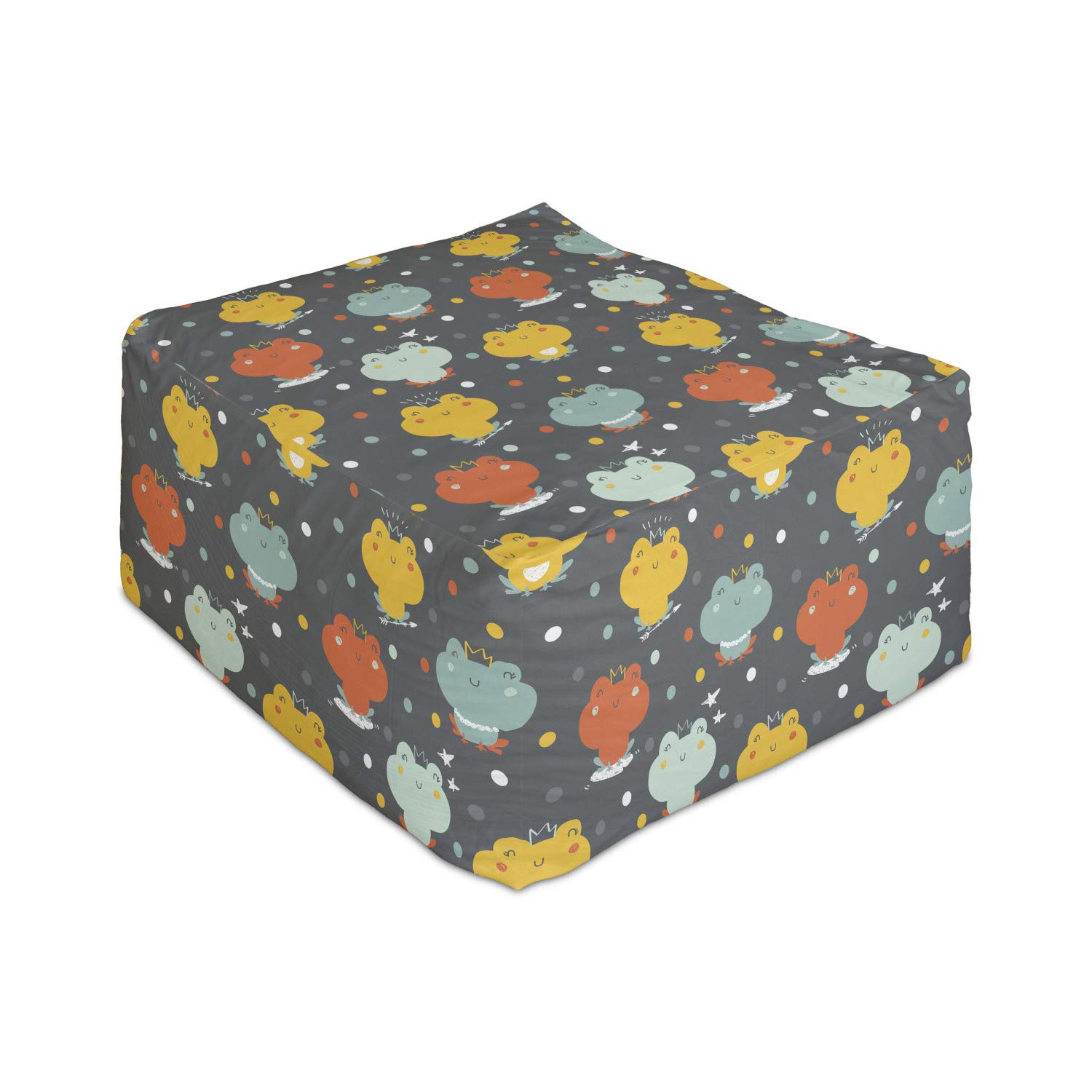 Ambesonne Frog Rectangle Pouf Ottoman - Colorful Cartoon Crowned Frogs with Hand-Drawn Stars Design, 25