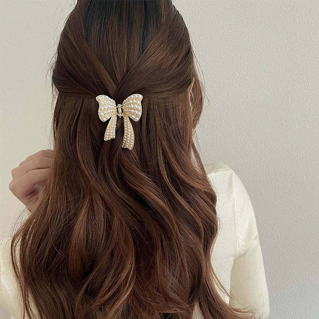 Brinie Pearl Hair Claw Clips - Gold Metal Hair Claw Clamps with Bowknot Design, Non-Slip Jaw Hair Accessories for Women & Girls (2 Pack) - Perfect for Parties, Weddings & Everyday Styling