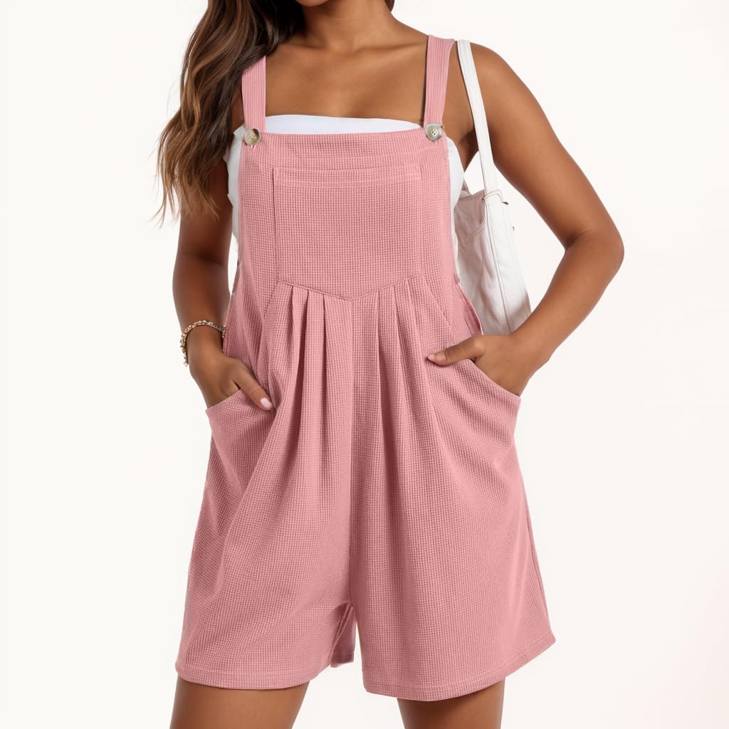 Women's Summer Sleeveless Waffle Knit Romper - Loose Fit Casual Overalls with Pockets | Beach Outfit, Vacation Wear, Lounge Jumpsuit