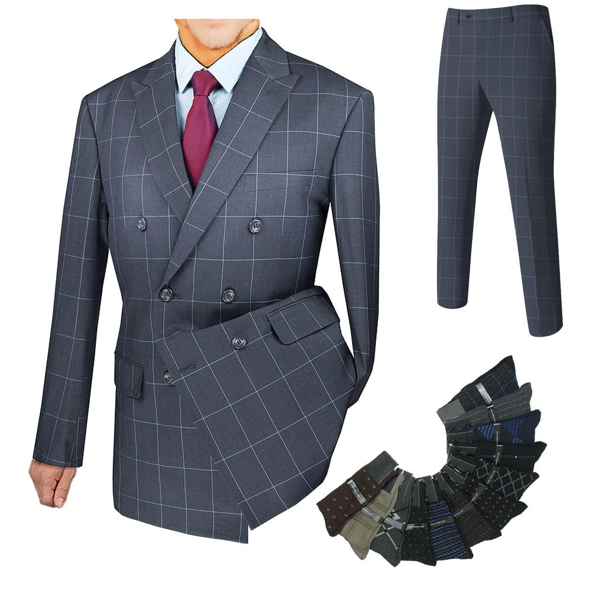 Stylish Men's 2-Piece Windowpane Double Breasted Suit with Free Socks - Perfect for Business Meetings, Weddings & Formal Events