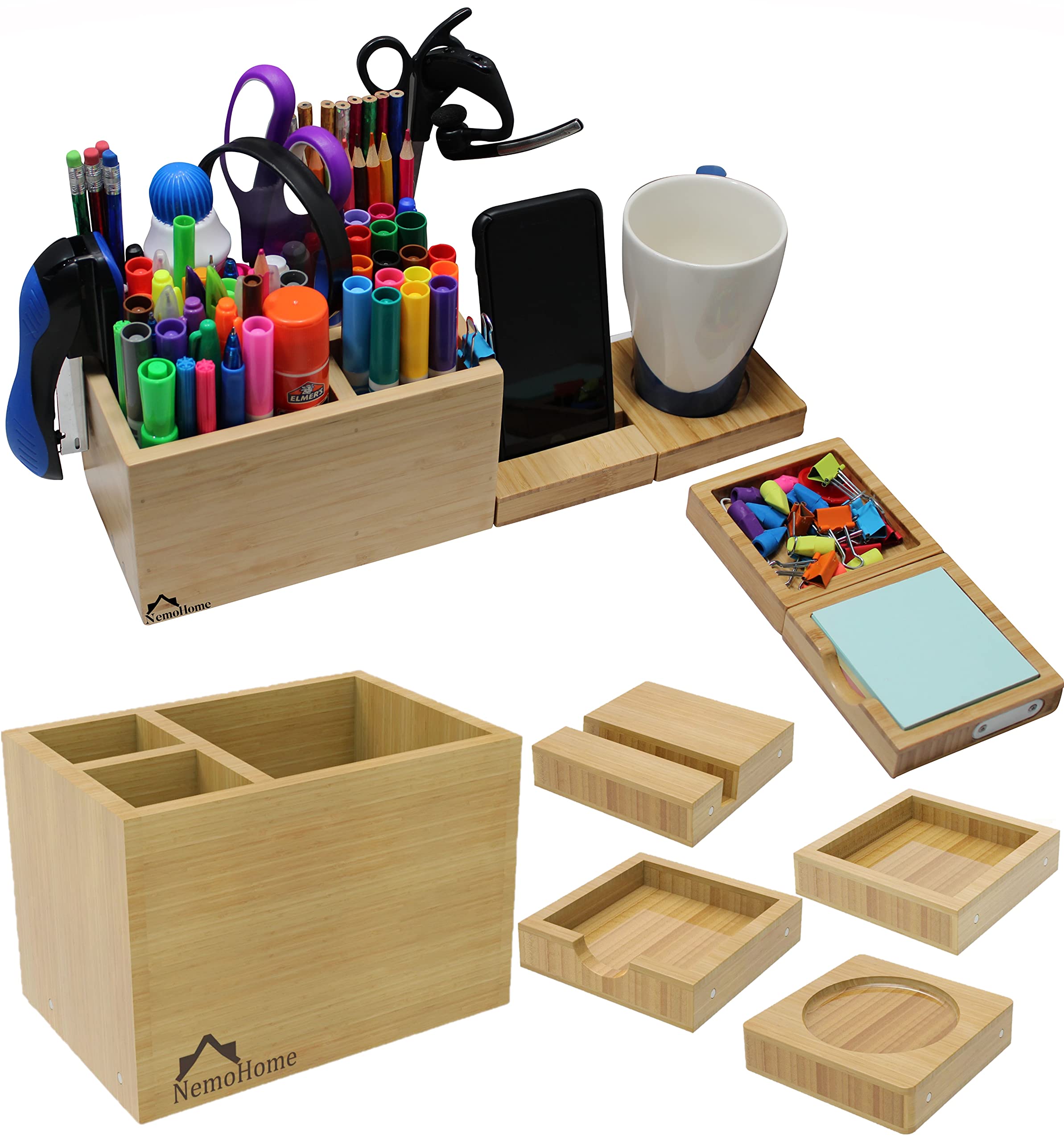 NemoHome Bamboo Desk Organizer Set - 5 Piece Wooden Office & Home Organization Accessories for Cubicle, Desktop, Workspace | Modern Wood Caddy for Pens, Pencils, Stationery | Perfect for Office, Home Office, Study Room & Workspace Organization