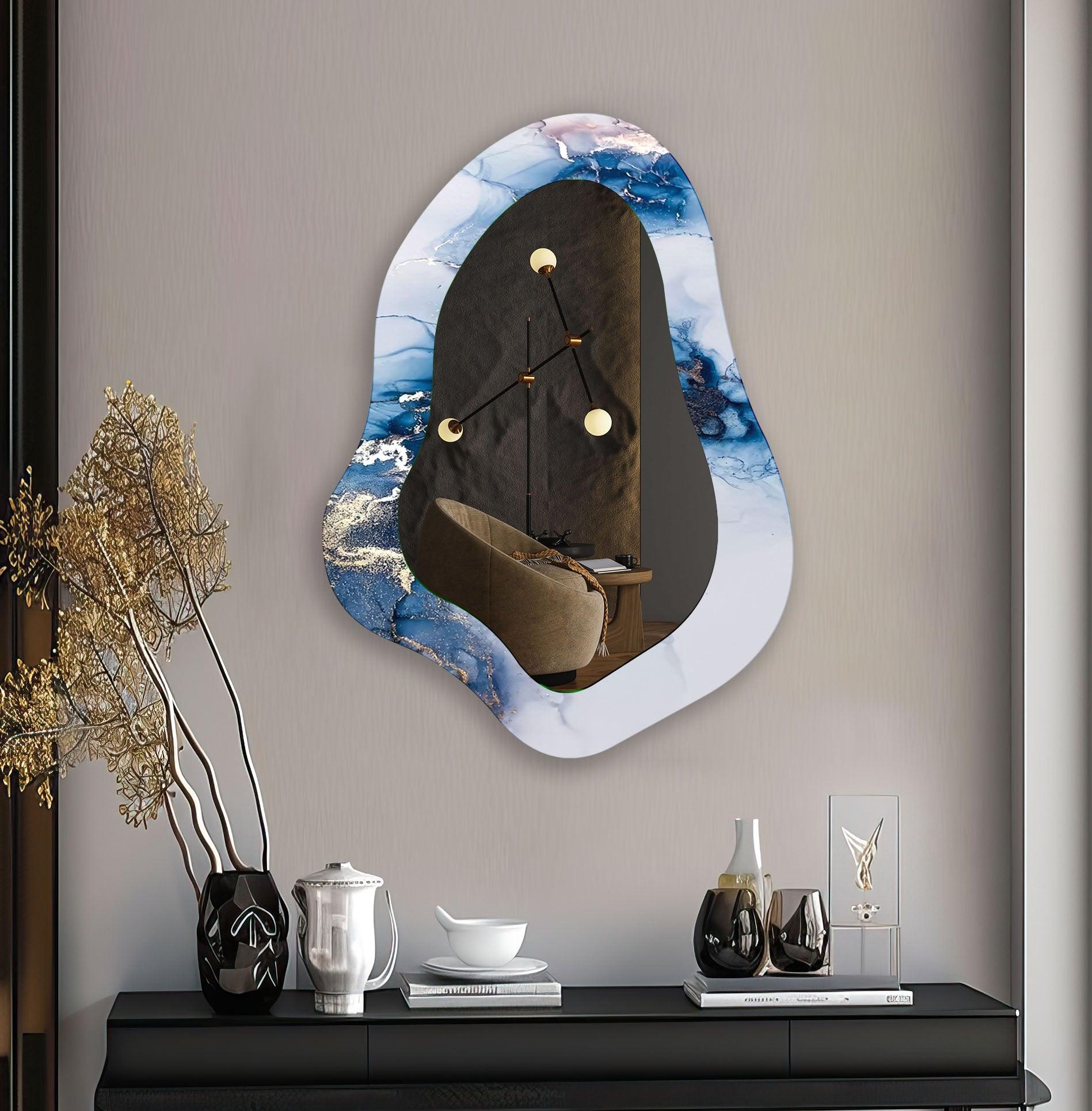 Blue Alcohol Ink Irregular Shaped Wall Mirror - Unique Handmade Decorative Mirror for Living Room, Bedroom, or Bathroom