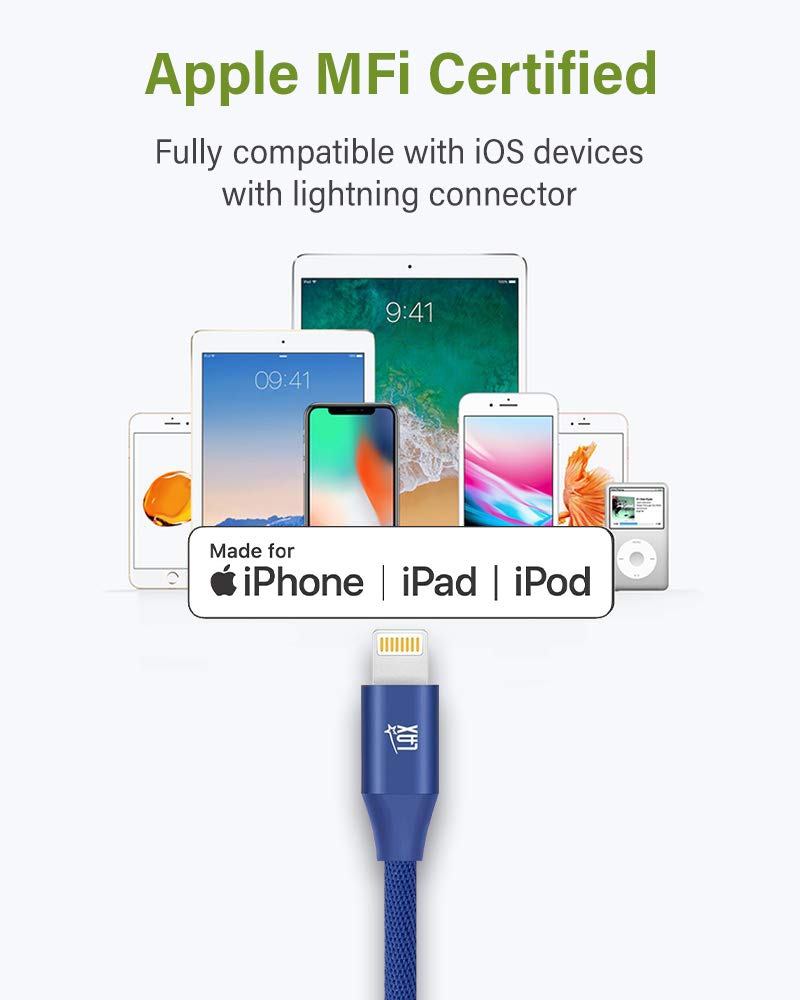 MFi Certified LAX iPhone Charger Lightning Cable - Durable Braided USB Cord for iPhone 11/11 Pro Max/XS Max/X/8/7/6, iPad & iPod | Fast Charging & Data Sync | Perfect for Home, Office & Travel Use