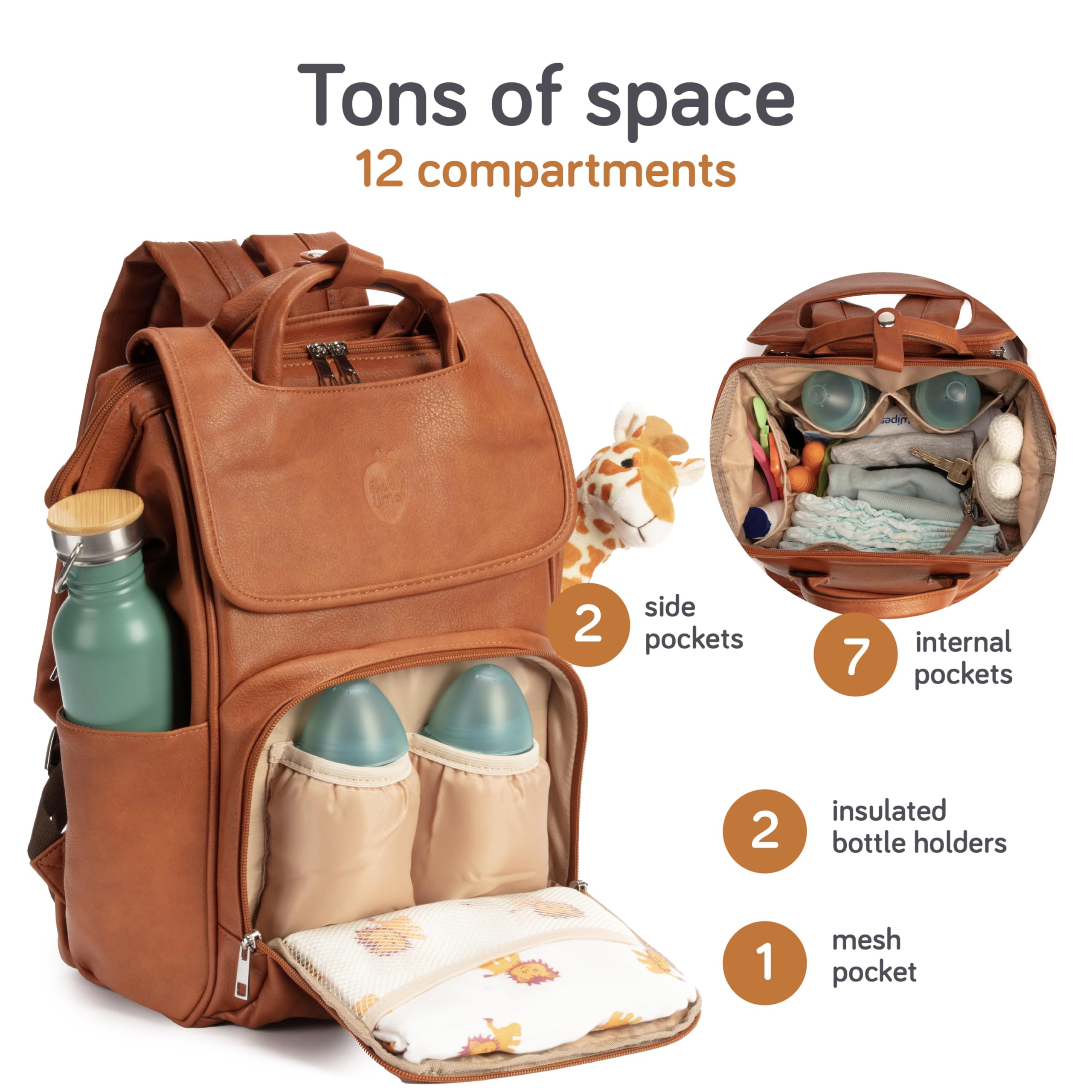 Baby Uma Diaper Bag with Changing Mat - Insulated Bottle Pockets, Large Capacity Travel Backpack for Parents | Faux Leather Baby Changing Bag with Laptop Compartment | Perfect for On-the-Go Parents, Daycare, and Family Outings