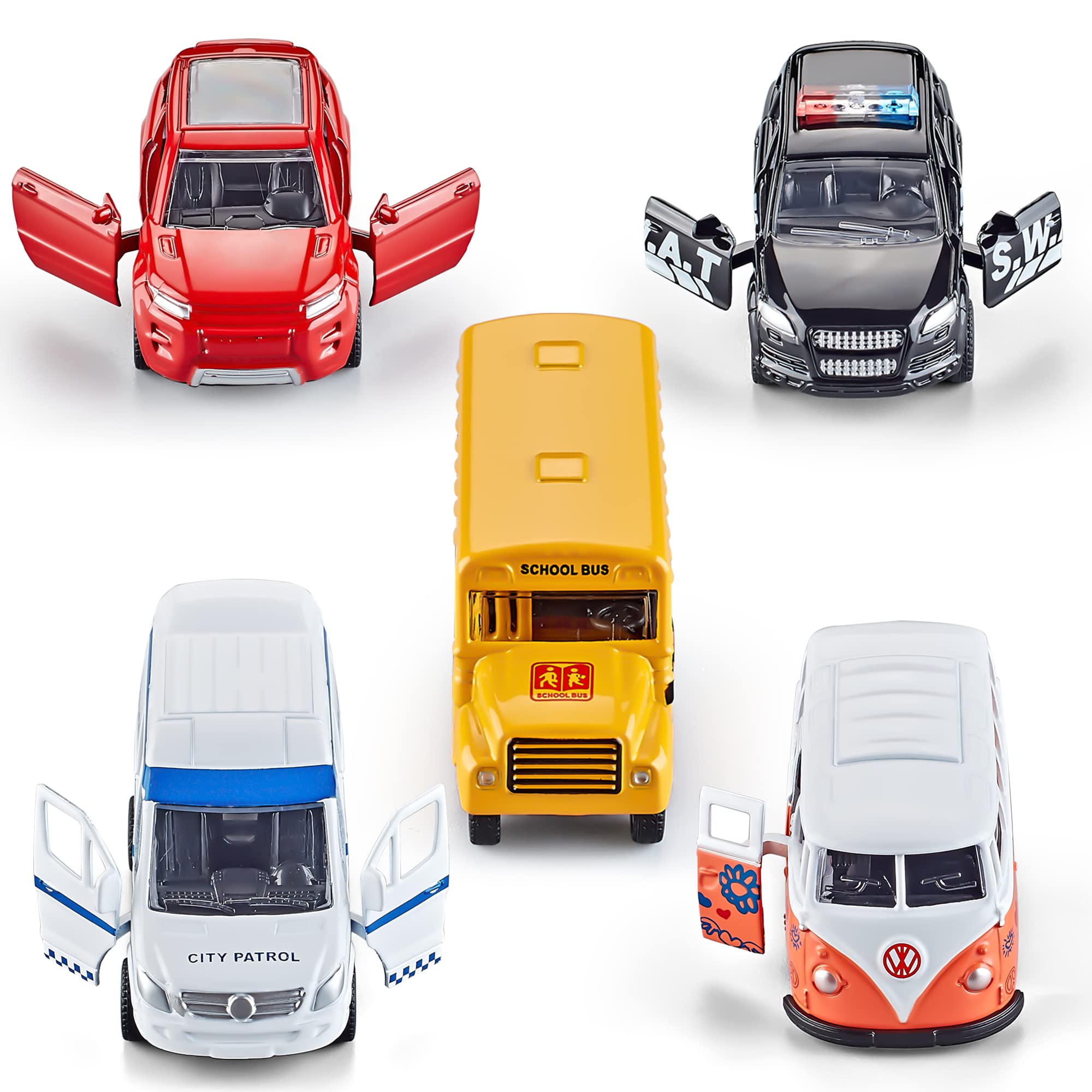KIDAMI 5-Pack Die-Cast Metal Toy Cars with Openable Doors & Pull Back Action - Official Licensed Vehicle Collection for Kids | Birthday Gifts, Party Favors & Playtime Fun