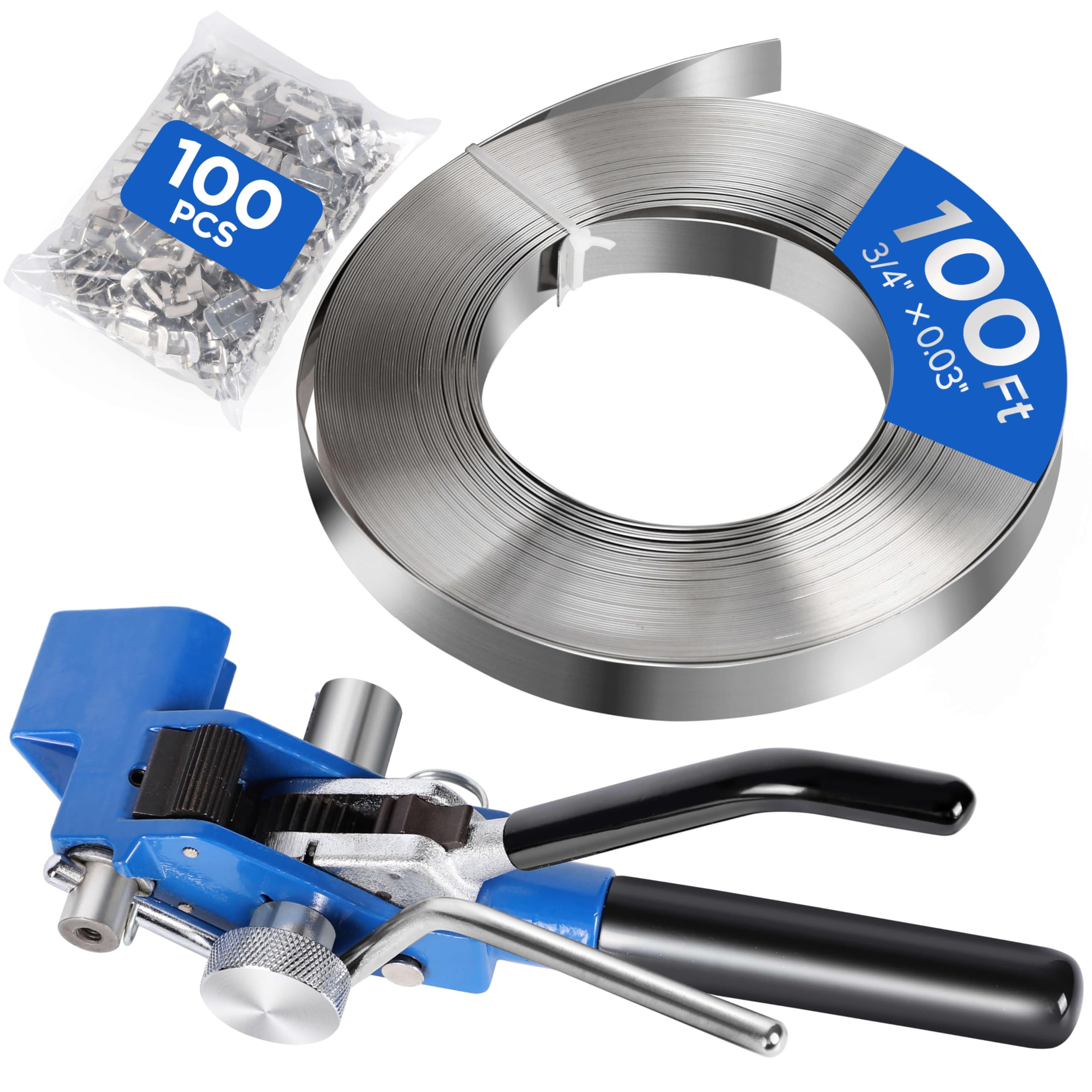 Stainless Steel Banding Strapping Kit with Ratchet Tensioner Tool - 100Ft×3/4'' S304 Banding Coil, 100ps Steel Buckles for High Tensile Packaging | Heavy Duty Metal Strapping for Shipping, Pallet Securing & Industrial Packaging