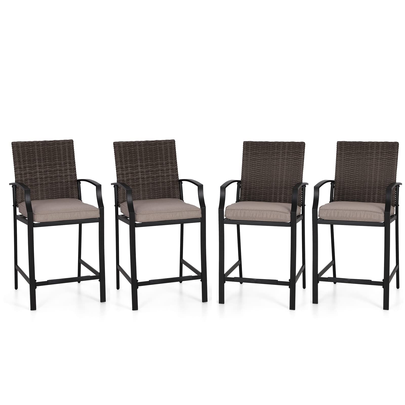 PHI VILLA 4-Piece Outdoor Bar Stool Set - All-Weather Wicker Bar Height Patio Chairs with Brown Rattan Backrest, Metal Frame & Beige Cushions - Perfect for Garden, Lawn, Poolside & Outdoor Dining Areas