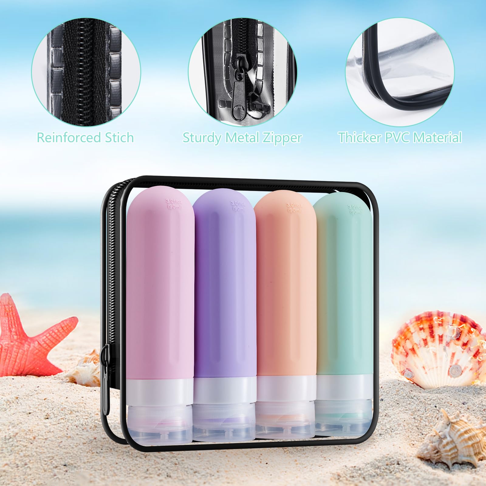 XMOSNZ 4-Pack Silicone Travel Bottles for Toiletries (90ml) - BPA Free, TSA Approved Refillable Shampoo & Conditioner Bottles with Clear Bag - Perfect for Air Travel, Gym, Camping & Vacation Essentials