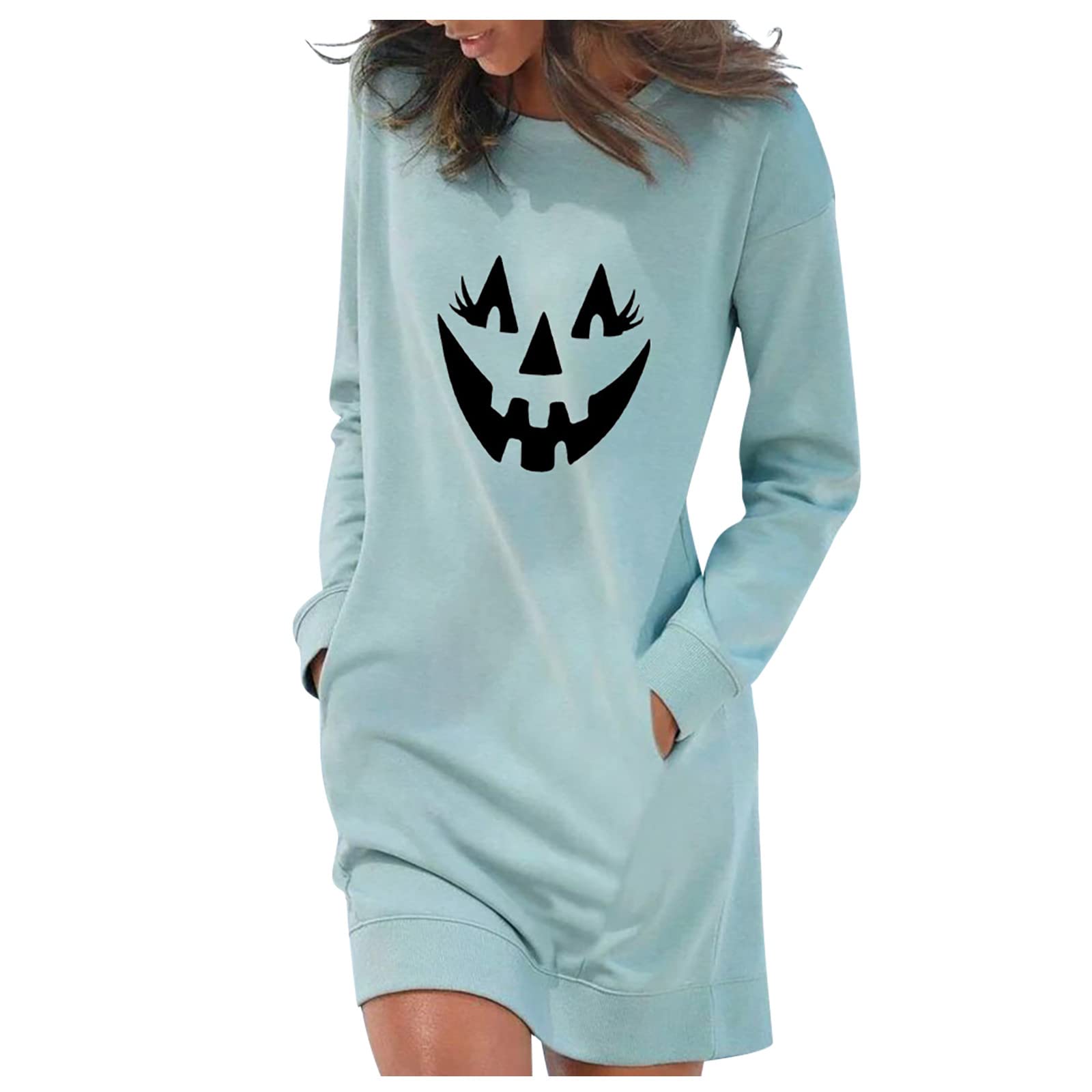 Funny Skull Print Spring Dress for Women 2022 - Long Sleeve Crewneck Mini Loose Fit Casual Dress | Perfect for Halloween Parties, Spring Outings & Everyday Wear