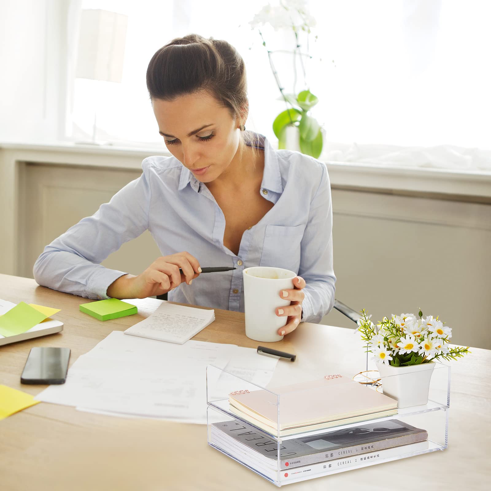 Yulejo 2-Pack Clear Acrylic Stackable Desk Organizer Trays - 12.4 x 8.74 x 2.68 Inch Office Document & Paper File Holder for Workspace Organization - Perfect for Home Office, School Desk, and Office Workspace Accessories